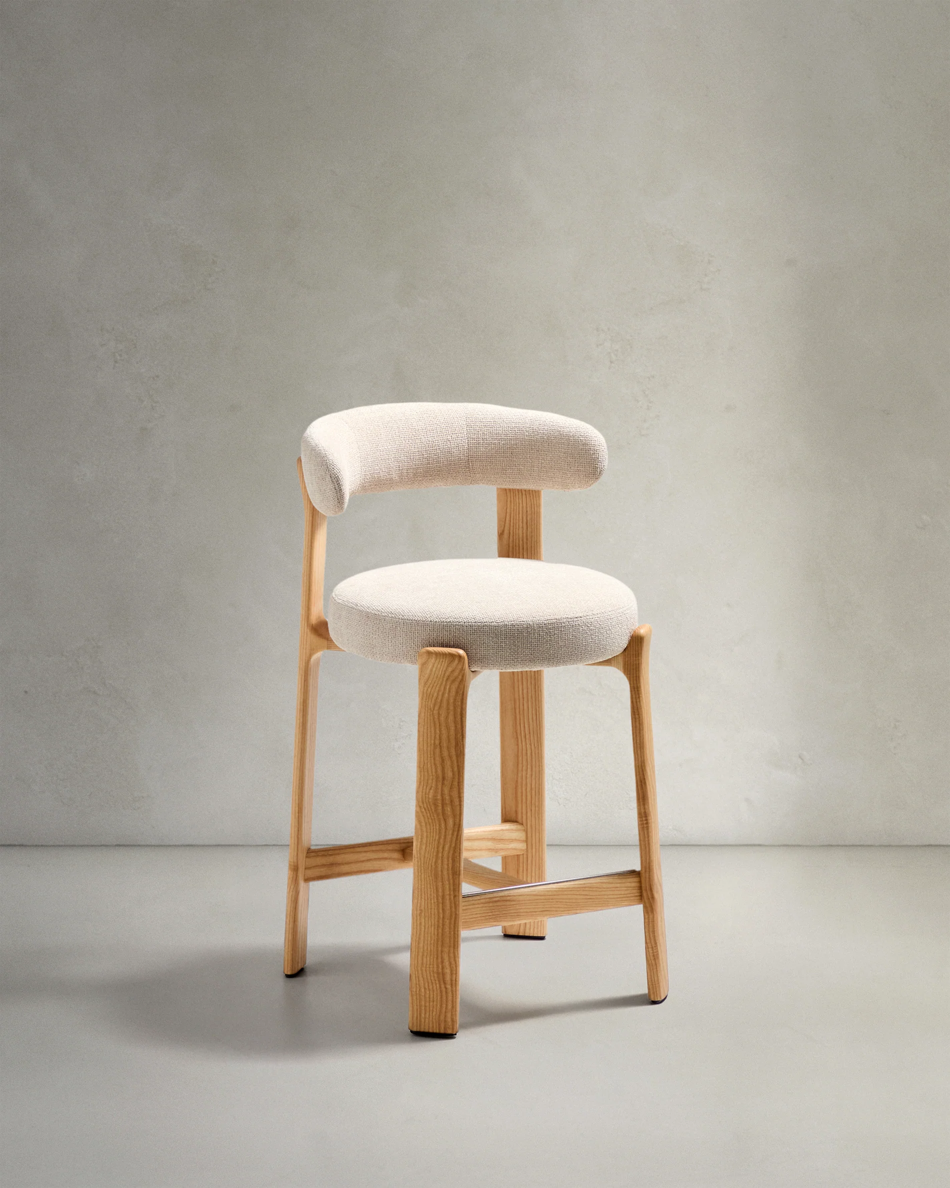Granite stool in beige chenille and solid ash wood with natural tone finish FSC 100% 65cm