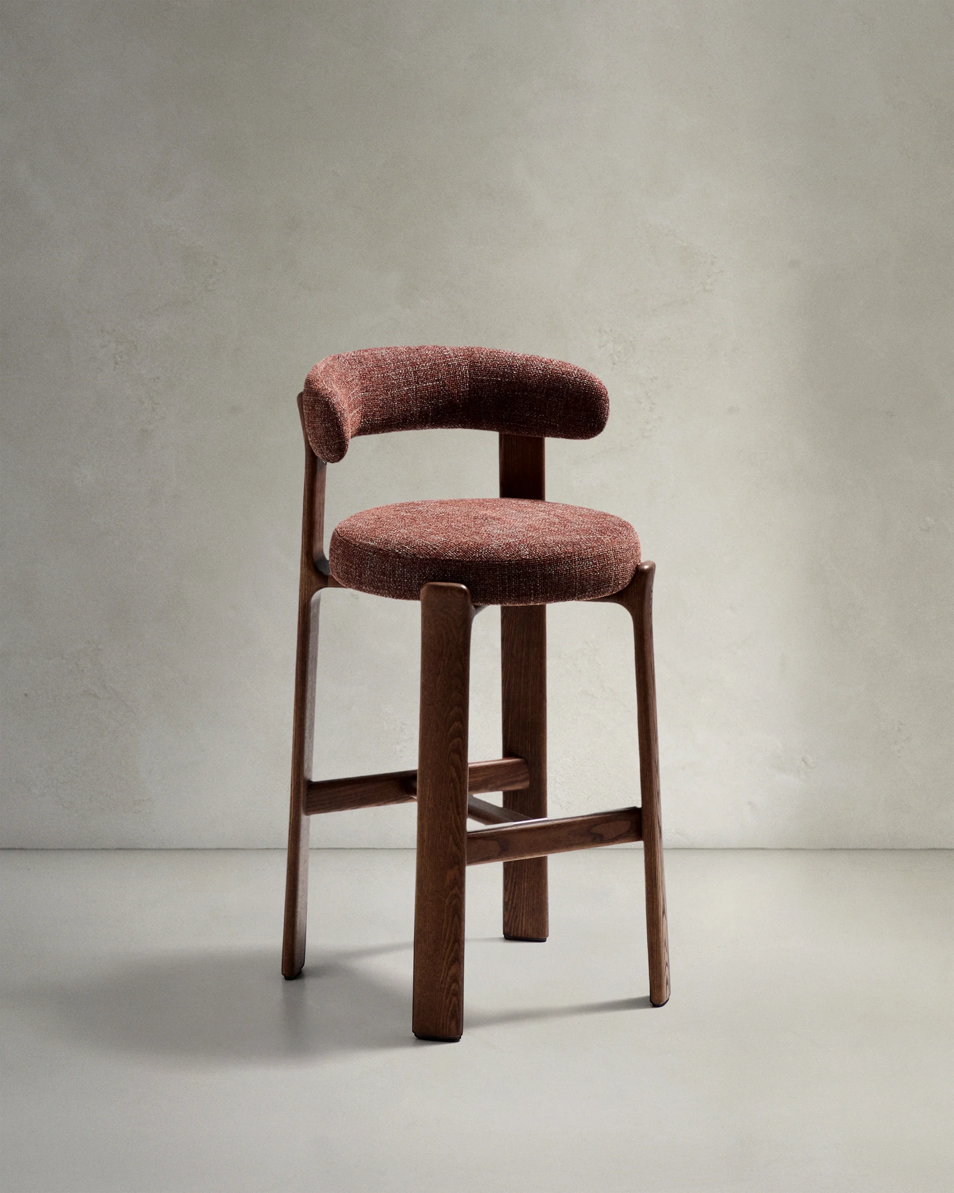 Granite stool in brown chenille and solid ash wood with walnut-coloured finish FSC 100% 75cm