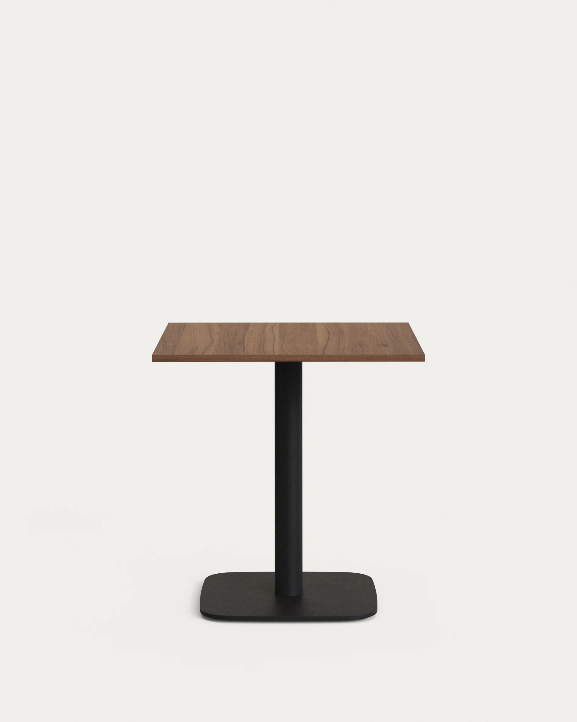 Dina table in walnut finish melamine with metal leg in a painted black finish, 70 x 70 x 70 cm
