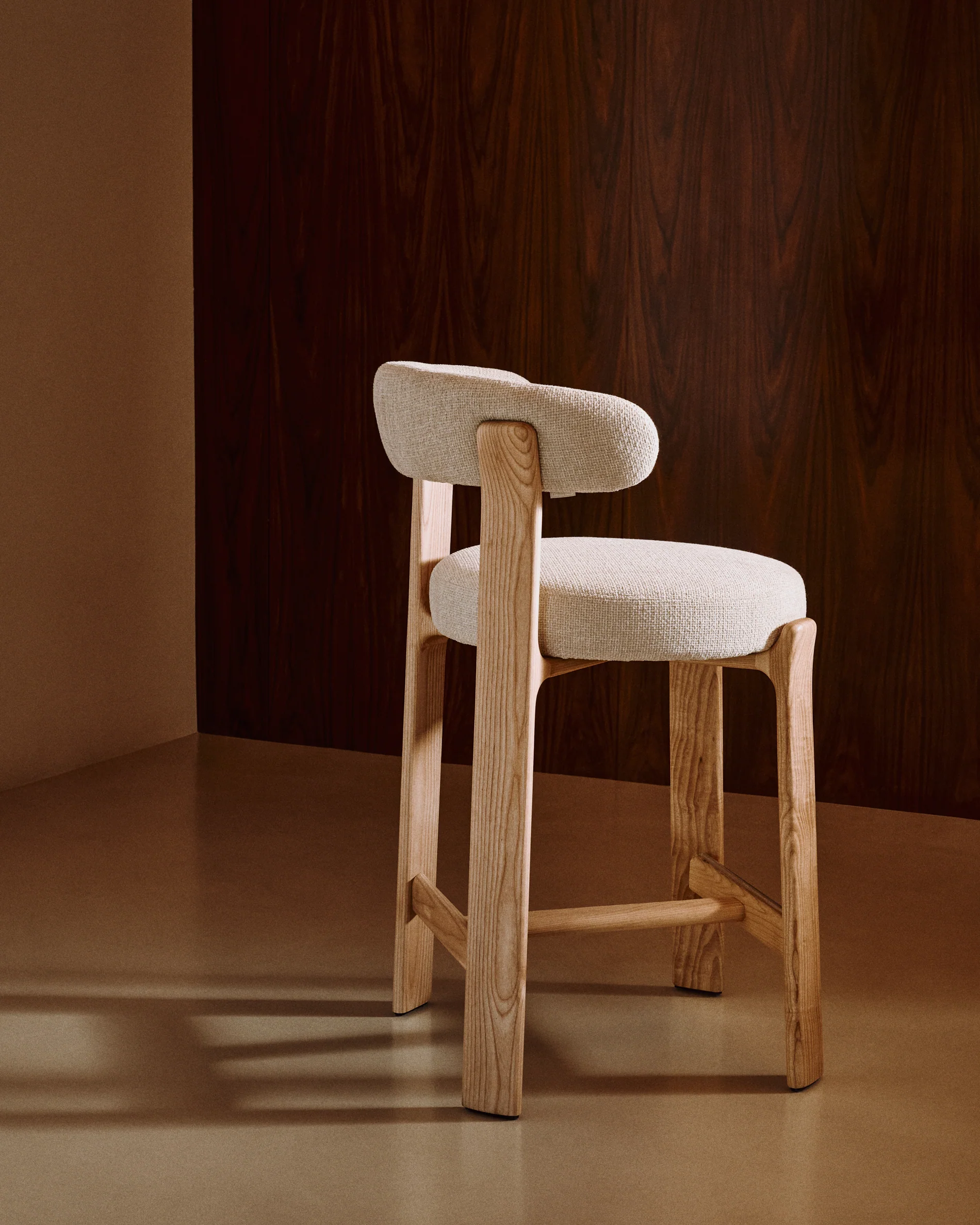 Granite stool in beige chenille and solid ash wood with natural tone finish FSC 100% 65cm