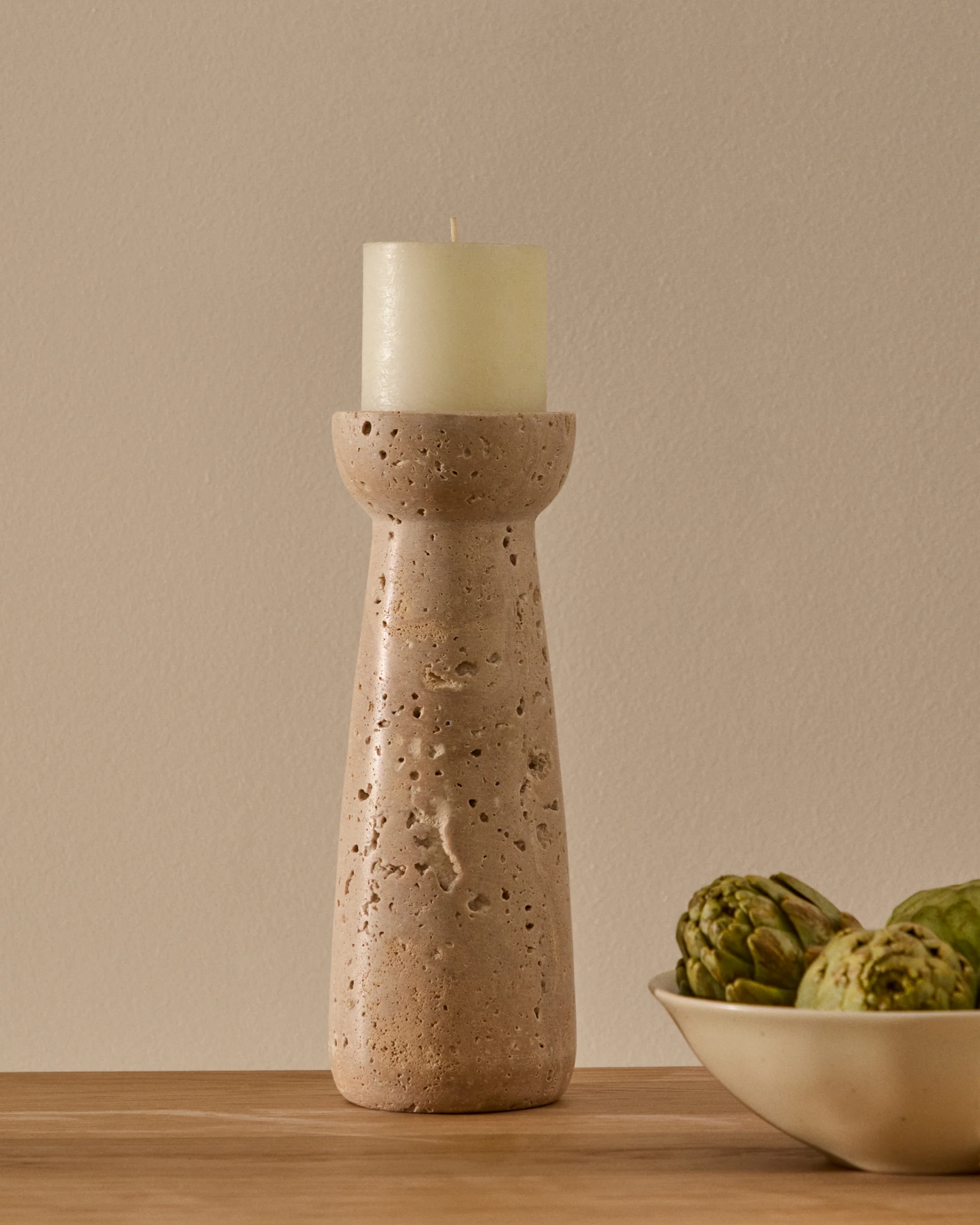 Magan large beige travertine candle holder