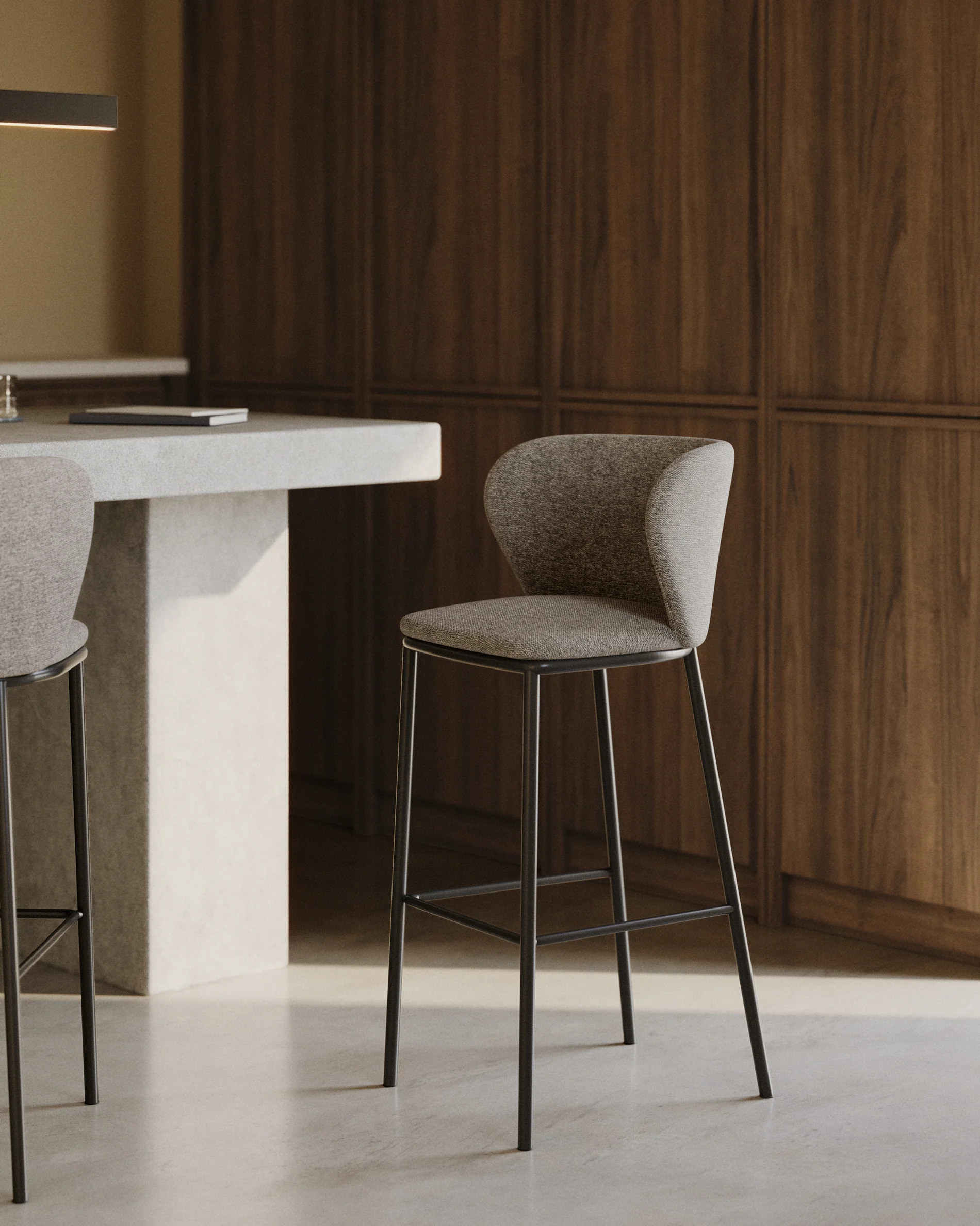 Ciselia stool in brown chenille with steel legs in black, 65 cm height FSC Mix Credit