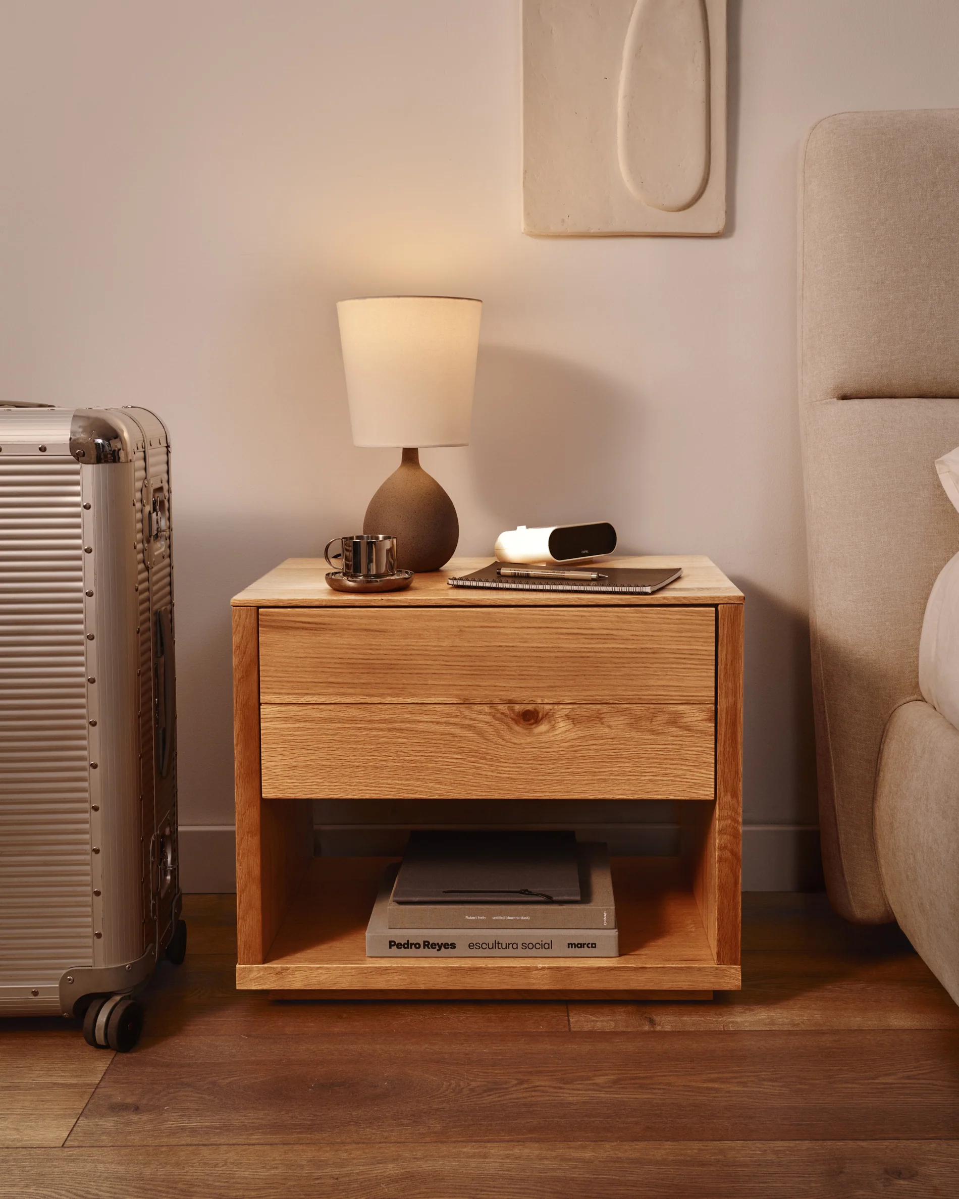 Alguema bedside table in oak wood veneer with natural finish, 60 x 50 cm