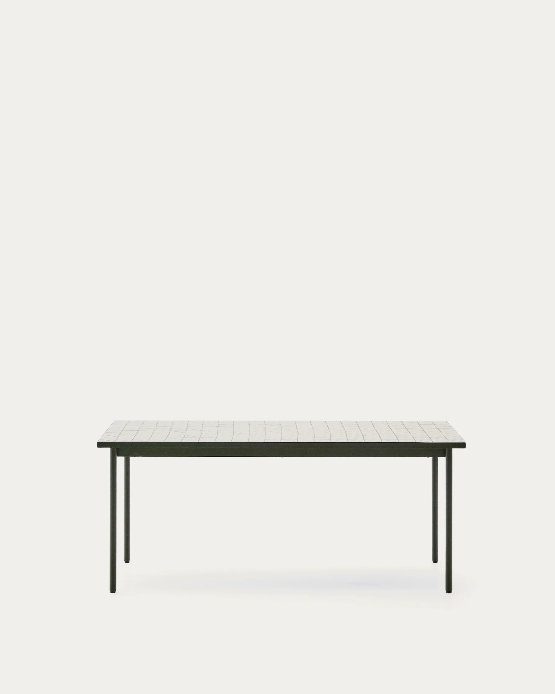 Maurina outdoor table in green galvanised steel with ecru-colored tiles 182 x 91cm