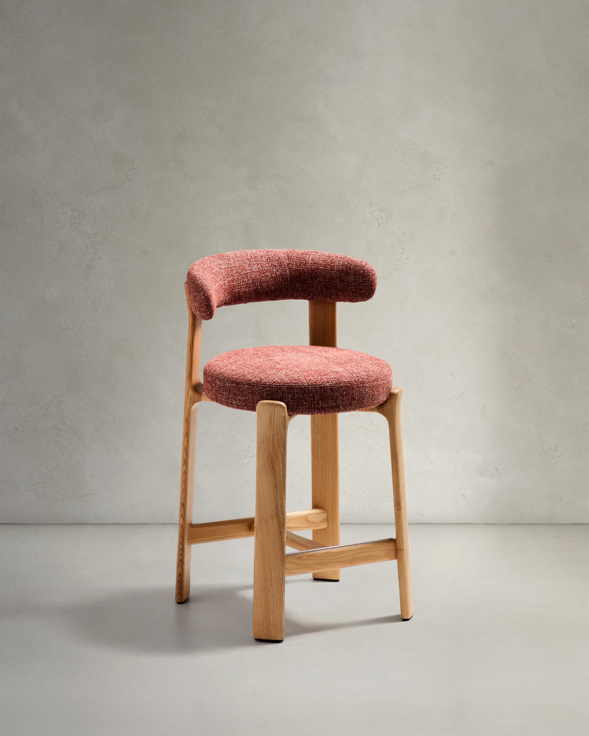 Granite stool in terracotta chenille and solid ash wood with natural tone finish FSC 100% 65cm