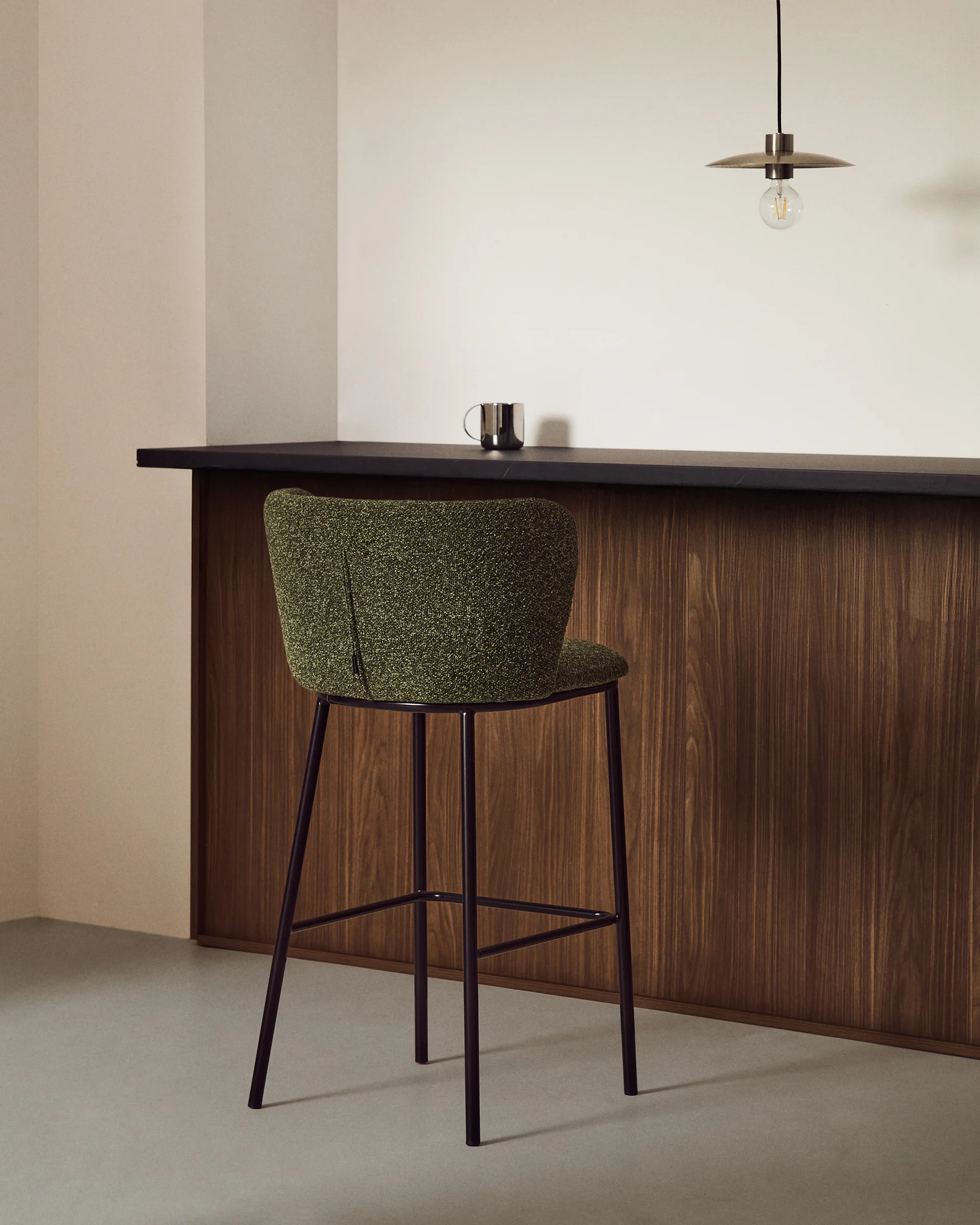 Ciselia dark green thick chenille stool with black finish steel legs FSC Mix Credit 75cm