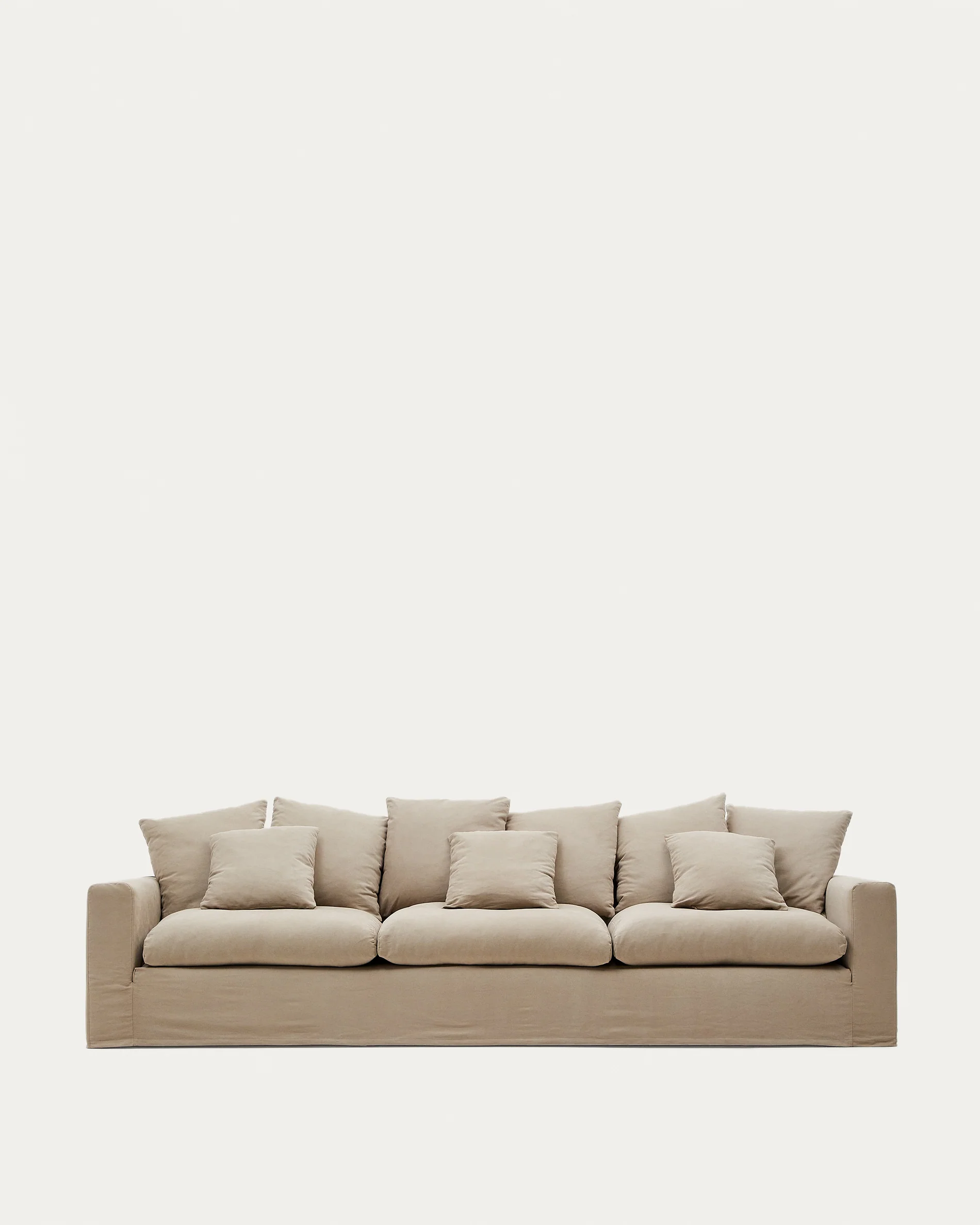 Nora 4-seater sofa with removable cover with linen and cotton cushions in taupe 340cm