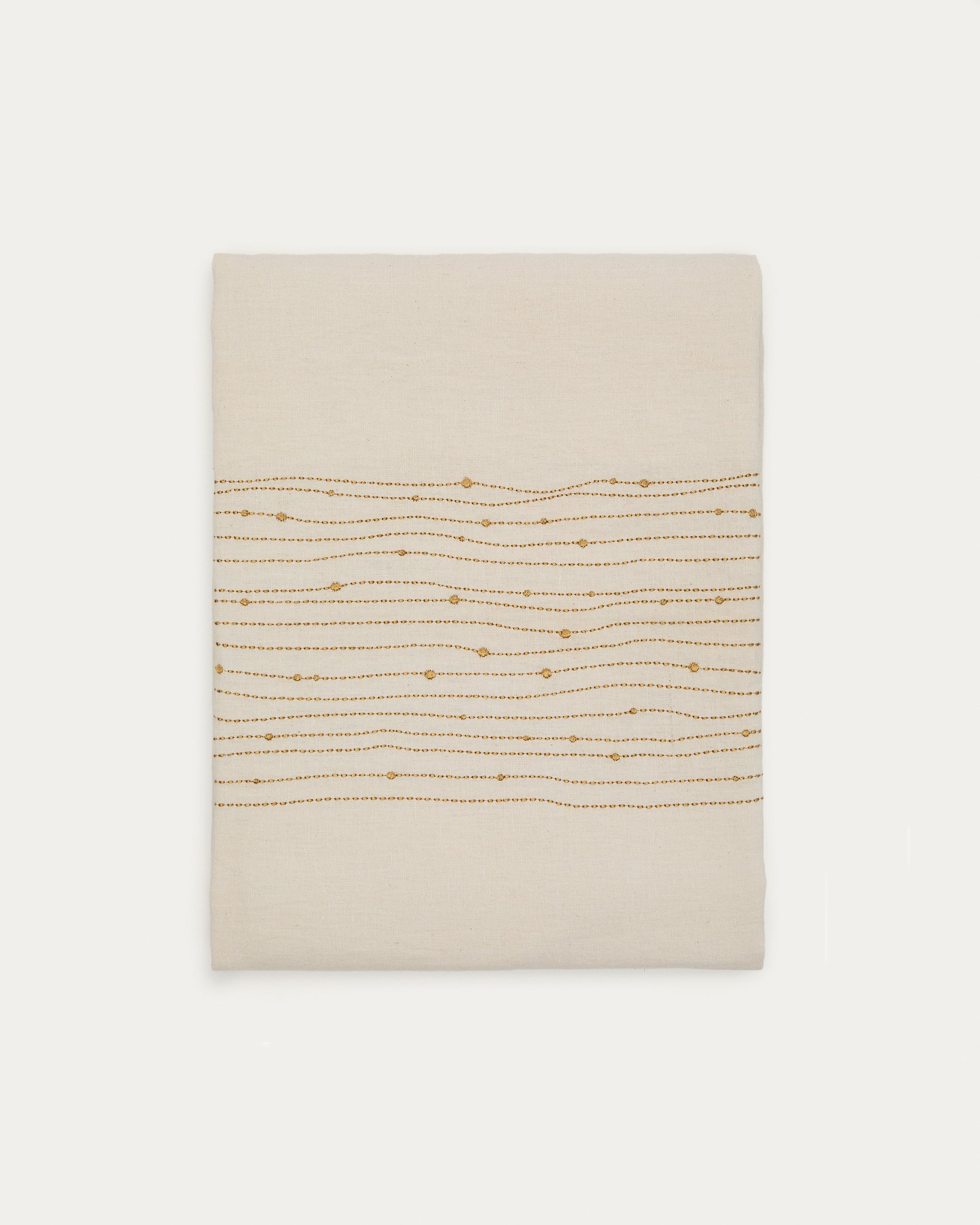 Flia white linen and cotton tablecloth gold-coloured lurex embroidered detail, 150 x 250 cm