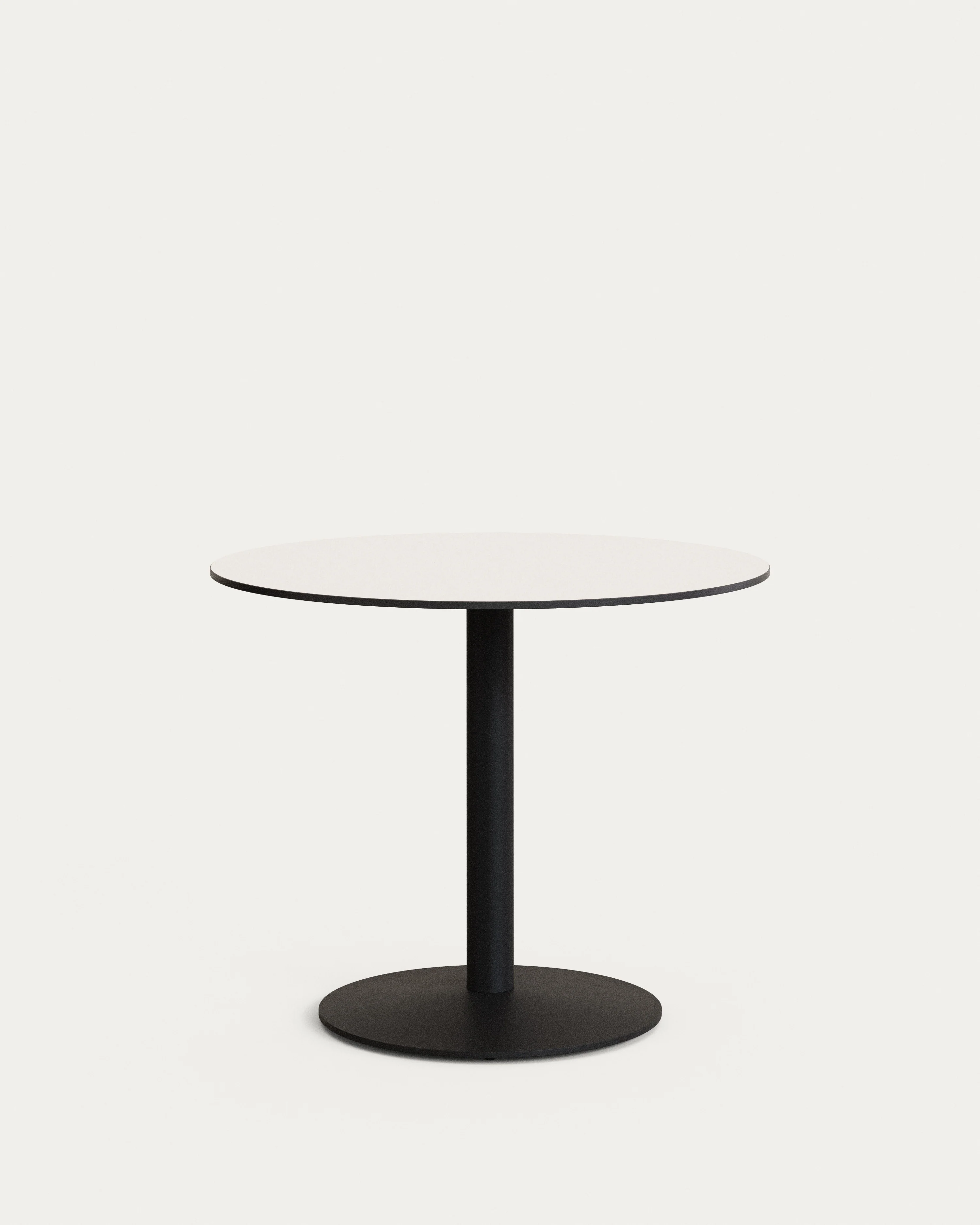 Esilda round outdoor table in white with metal leg in a painted black finish, Ø 90 x 70 cm