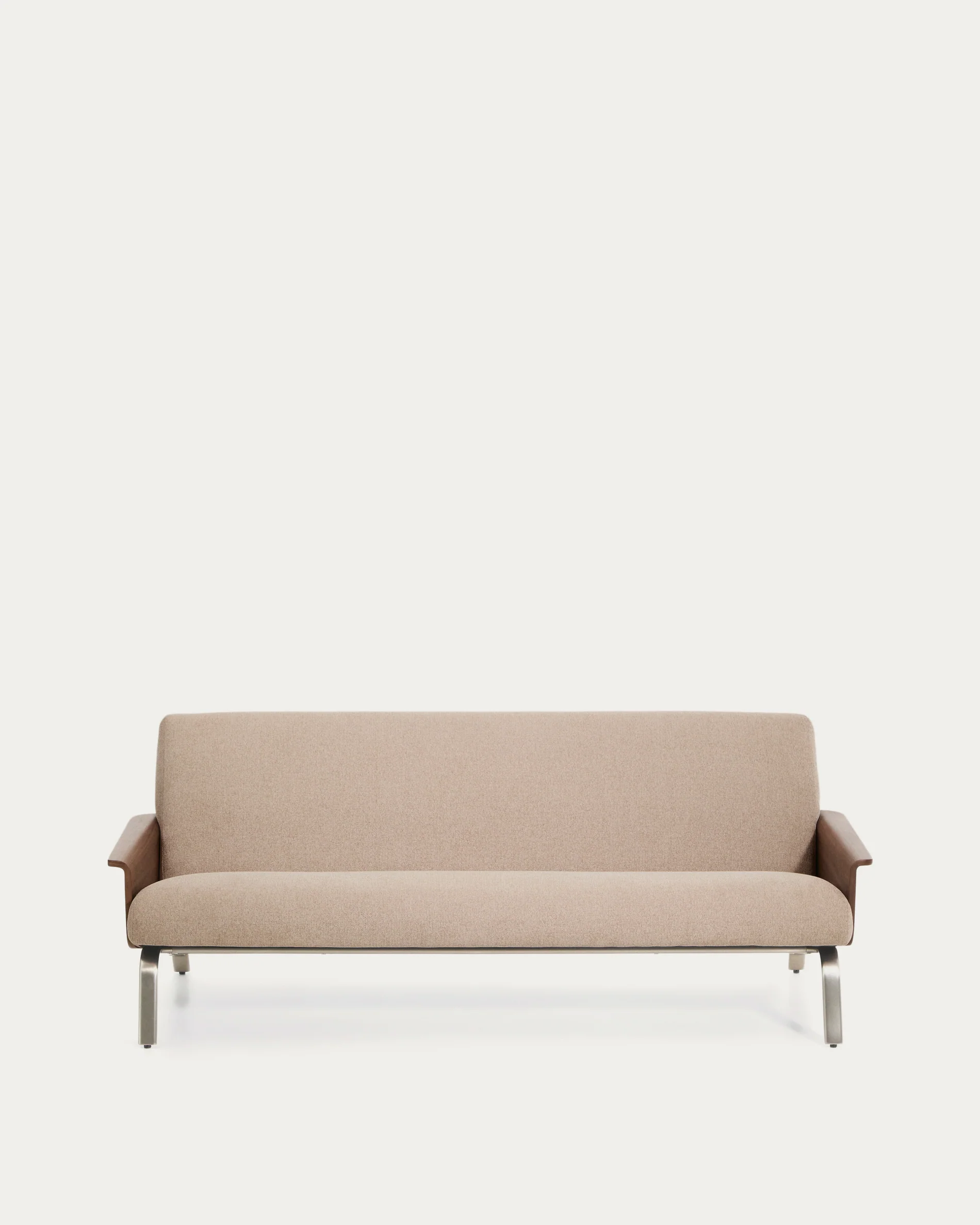 Amsen light brown 3-seater sofa in walnut plywood with brushed stainless steel legs 205cm