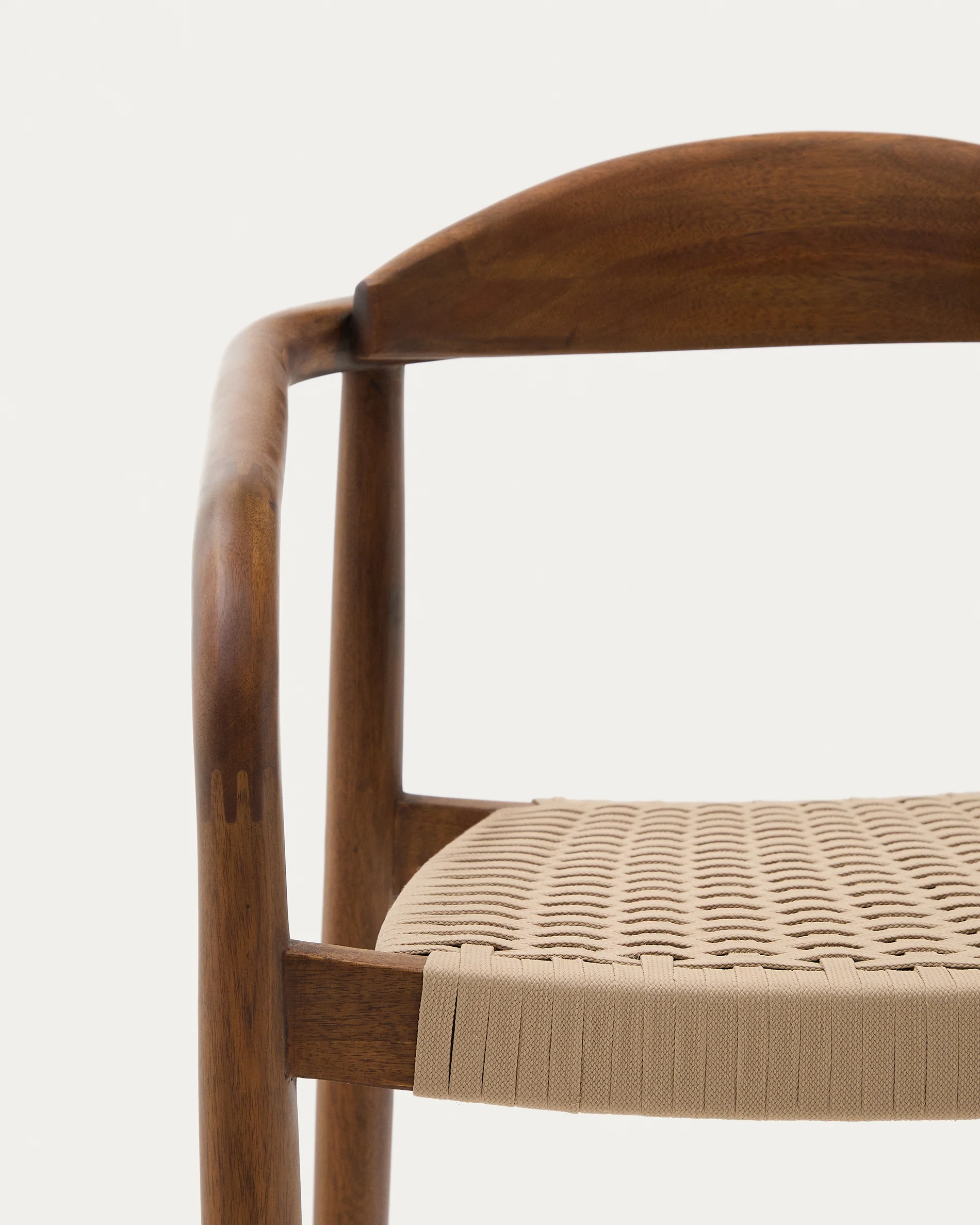 Nina stackable chair in solid acacia wood with walnut finish and beige rope seat FSC 100%