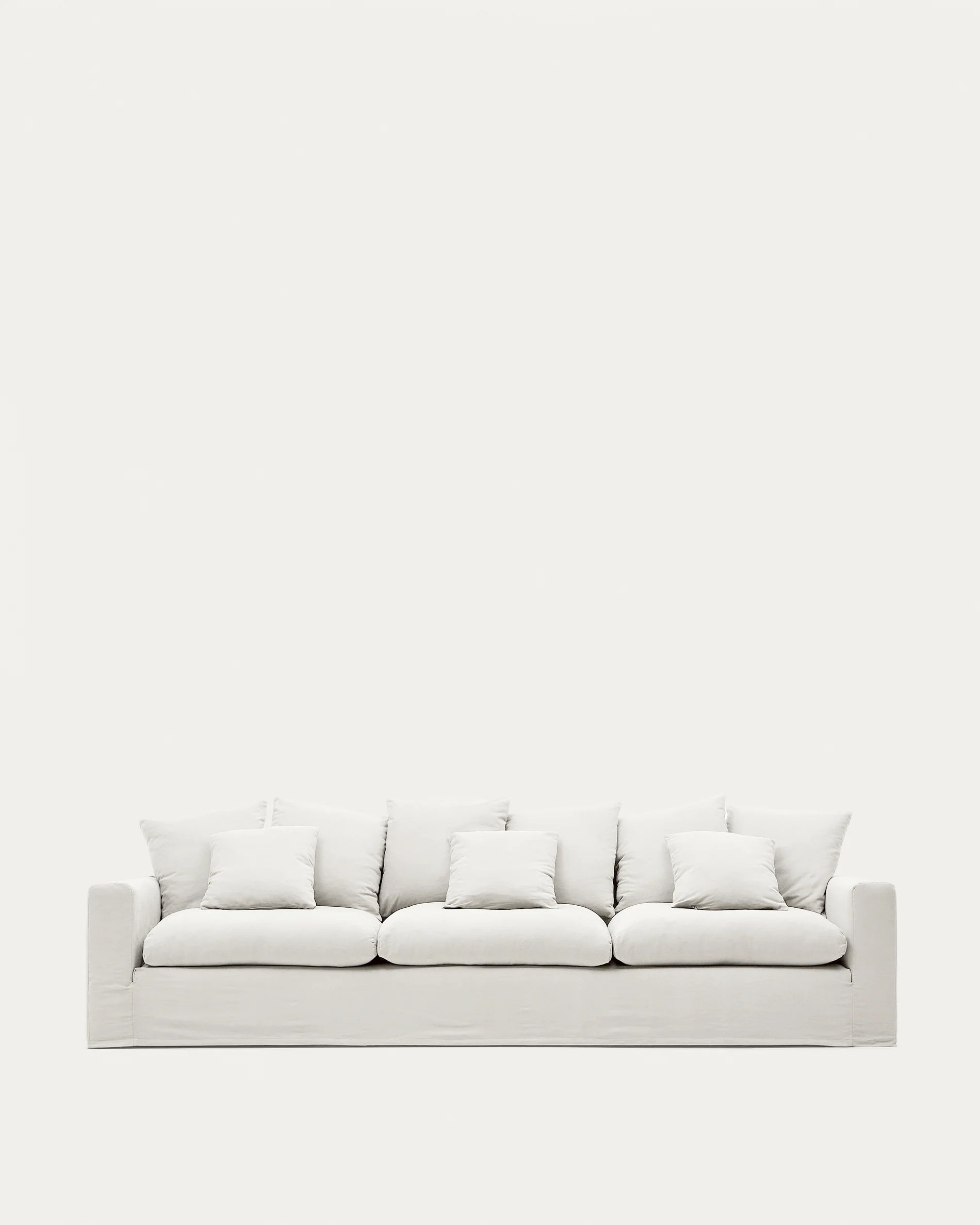 Nora 4-seater sofa with removable cover with linen and cotton cushions in ecru 340cm