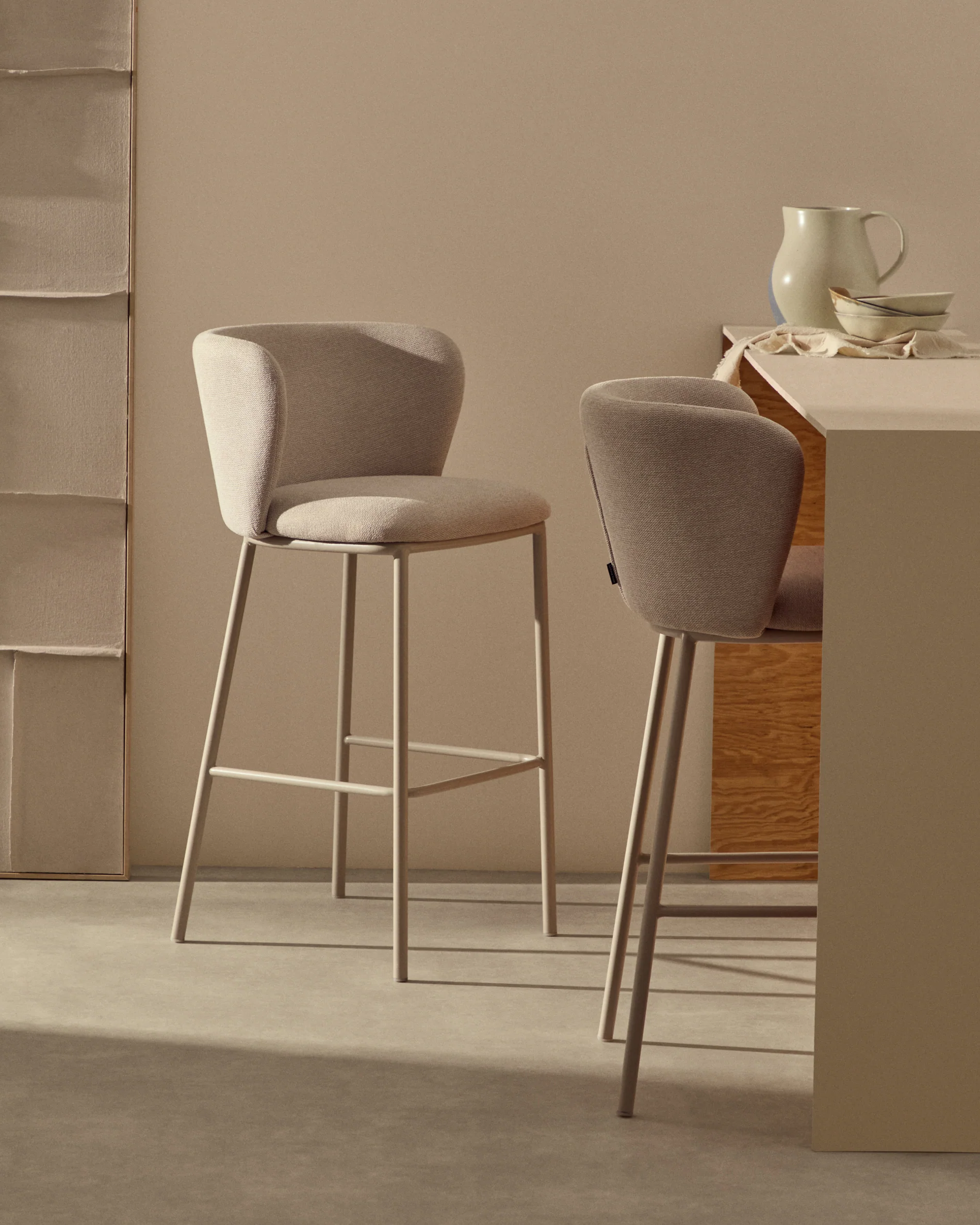 Ciselia stool in beige chenille and beige steel, height 75 cm, FSC Mix Credit
