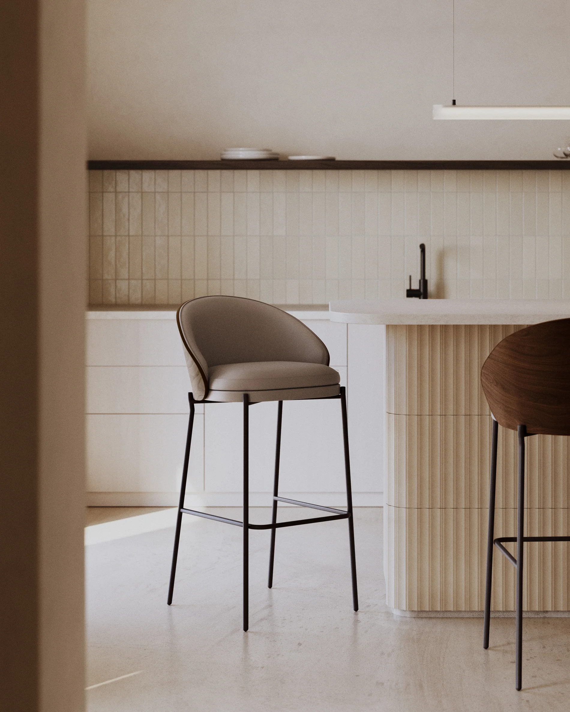 Eamy stool in brown faux leather, ash veneer, walnut finish and black metal 65 cm