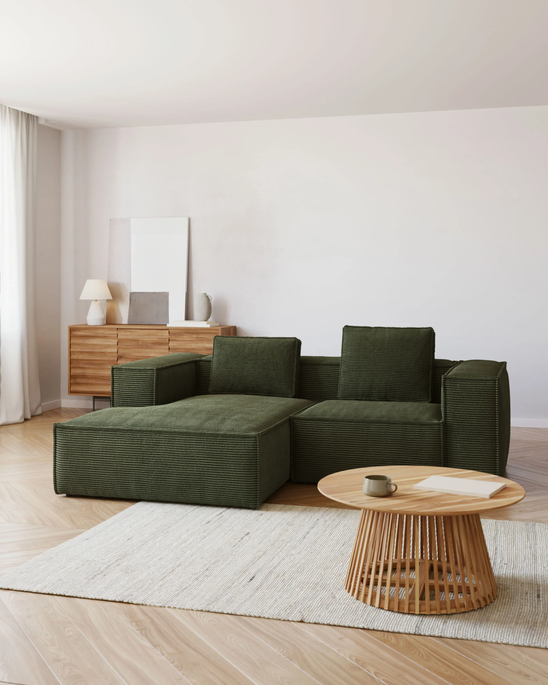 Blok 2-seater left chaise longue sofa in green thick corduroy 240cm FSC Mix Credit