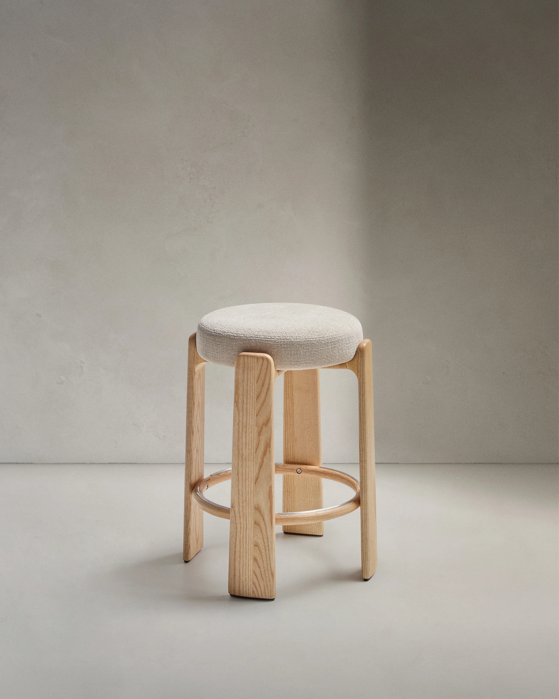 Granite stool in beige chenille and solid ash wood with natural tone finish FSC 100% 65cm