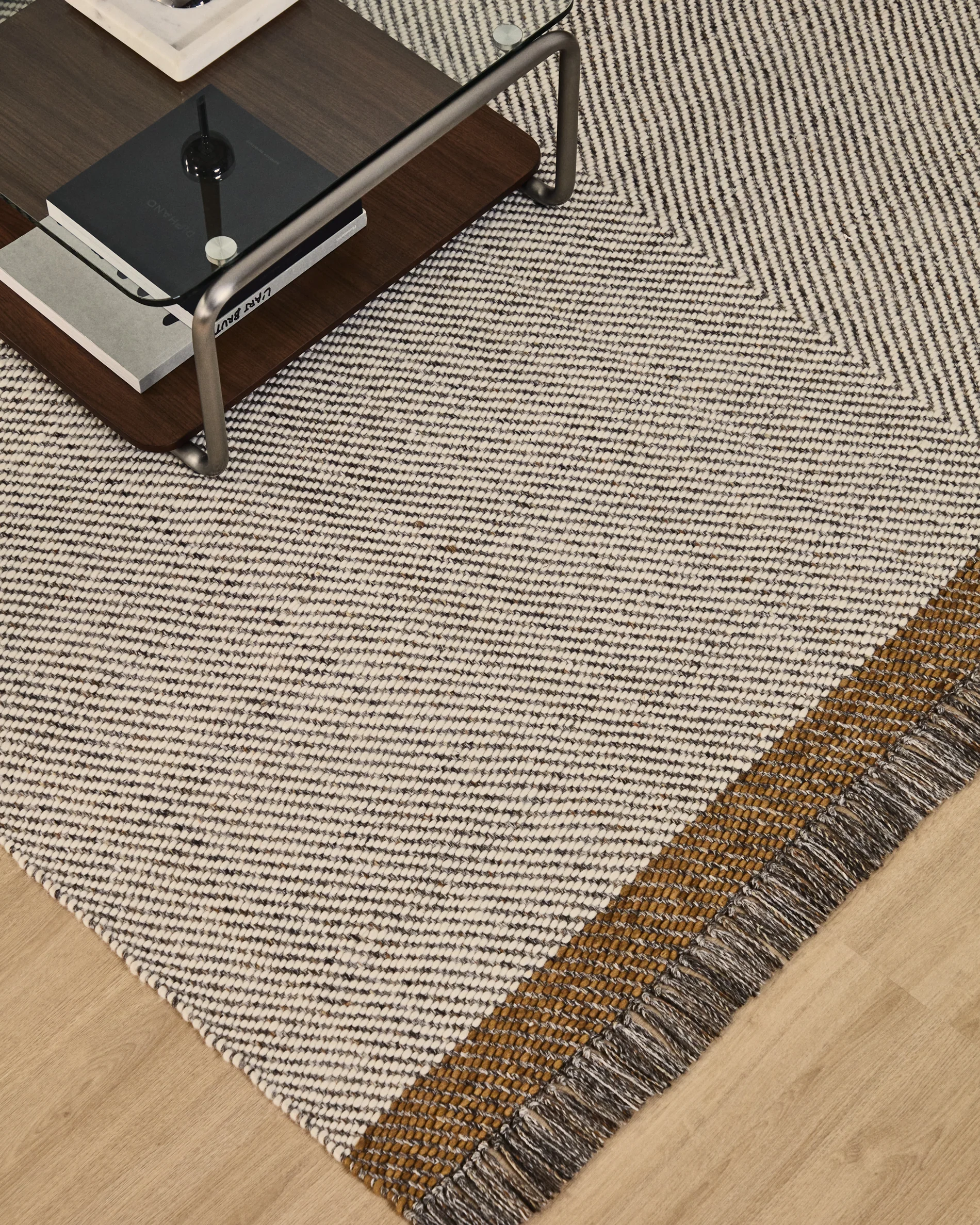 Brina beige herringbone jacquard wool rug 230 x 160cm