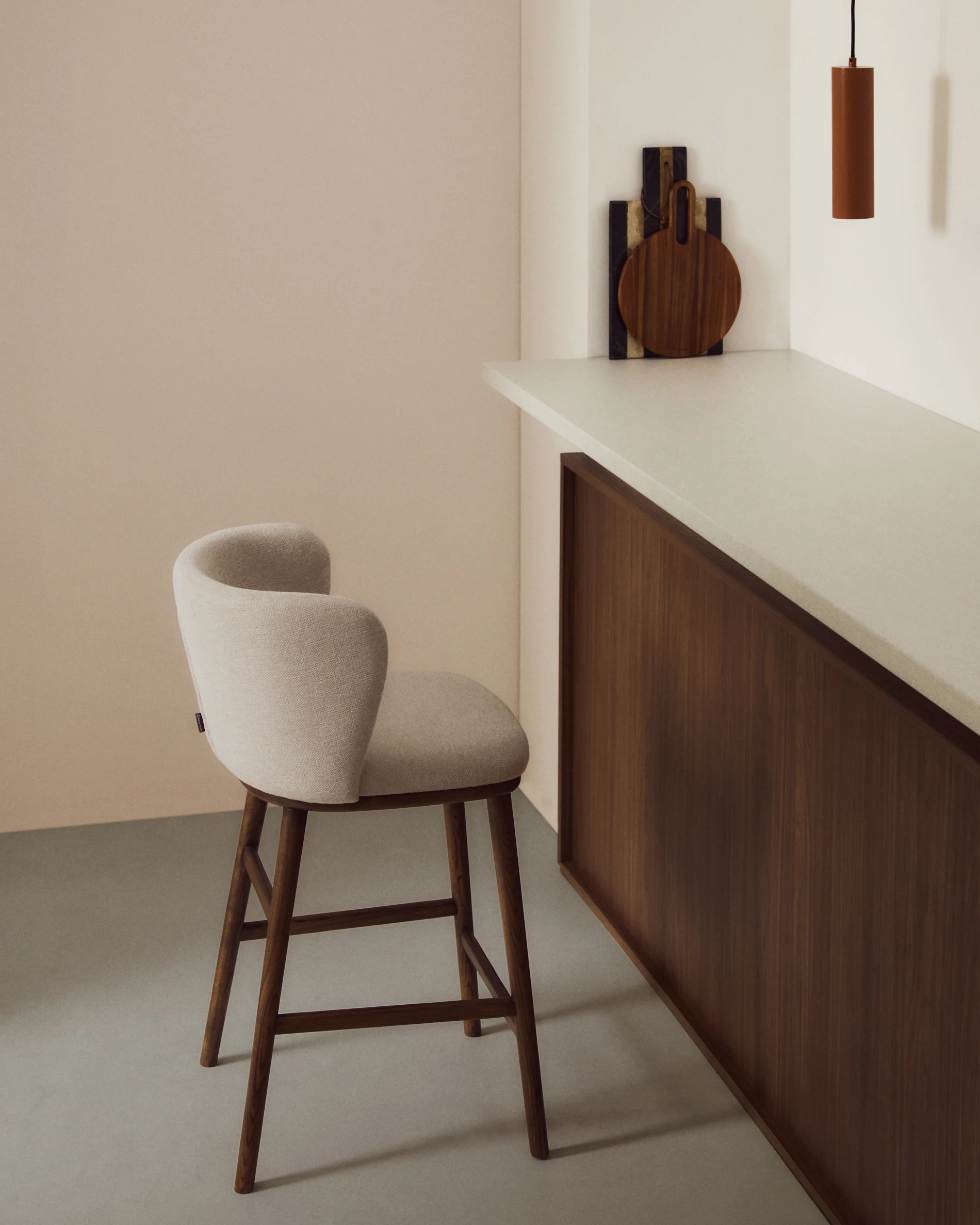 Ciselia beige chenille stool with solid ash wood legs with walnut-coloured finish FSC Mix Credit 65cm