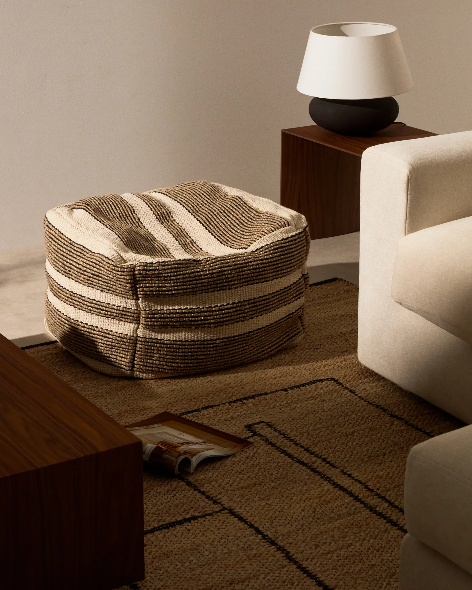 Aylin beige jute-embroidered cotton pouf 60 x 60 cm