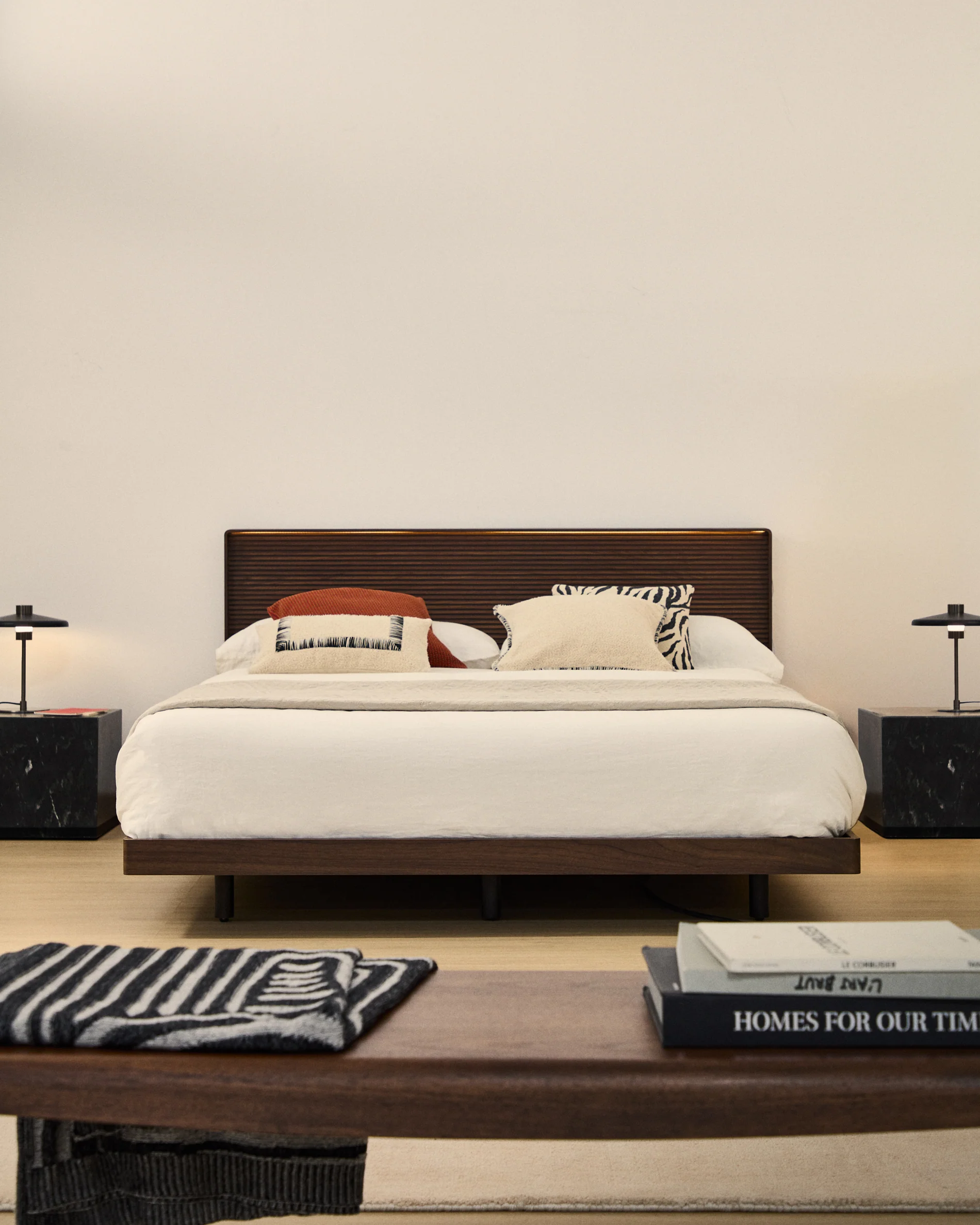 Norlen bed in walnut veneer with dark finish and LED light for 160 x 200cm mattress FSC Mix Credit