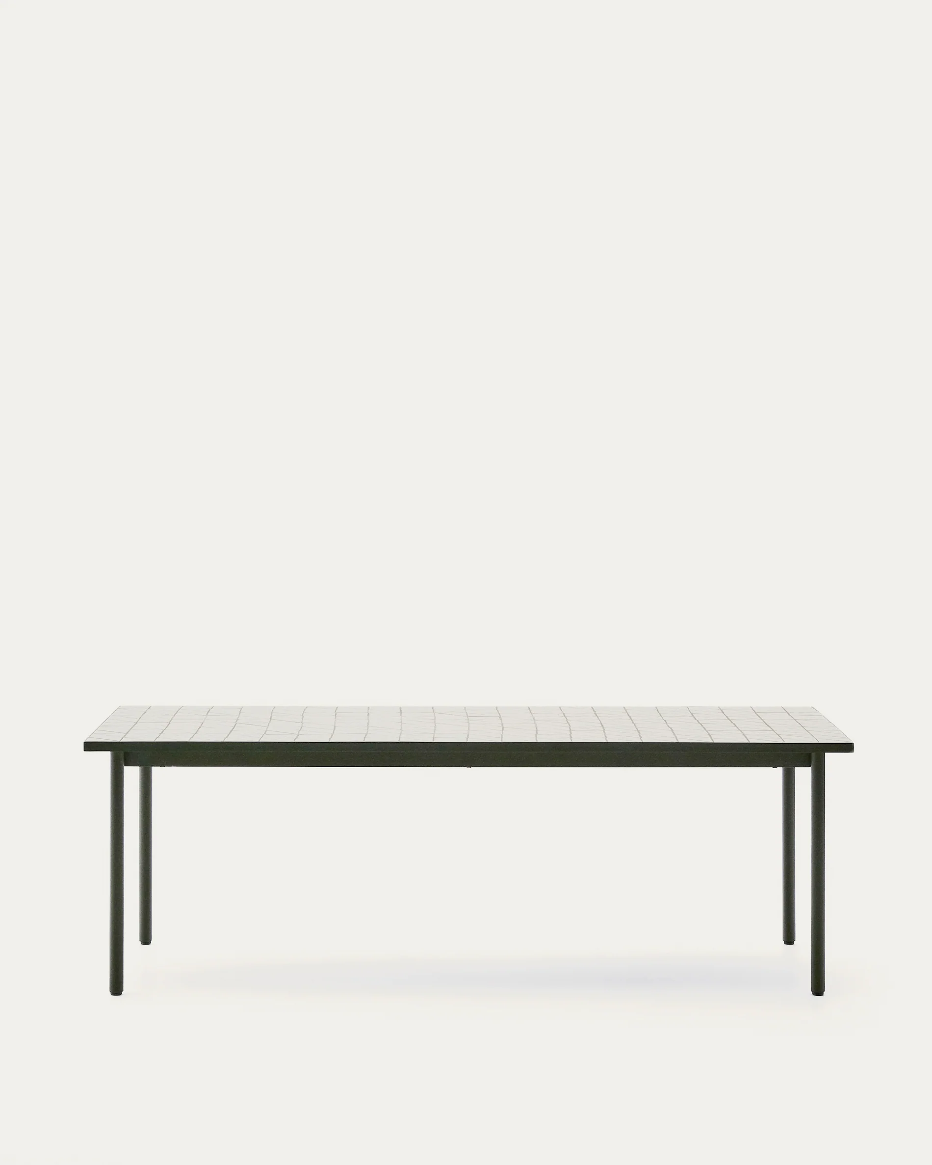 Maurina outdoor table in green galvanised steel with ecru-colored tiles 223 x 101cm