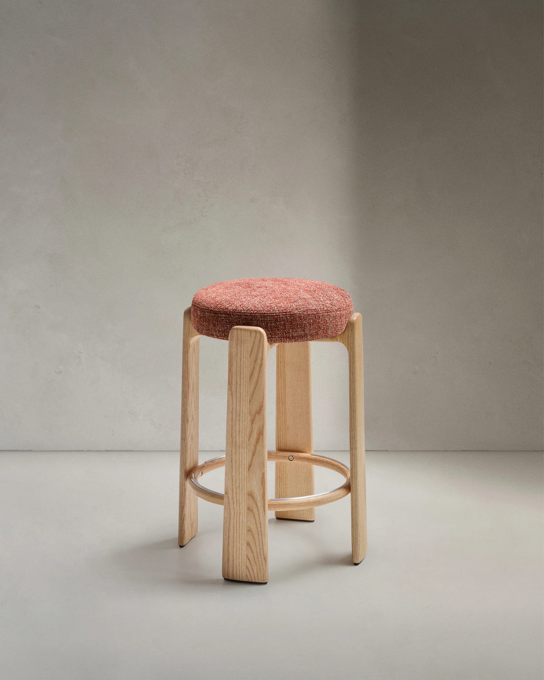 Granite stool in terracotta chenille and solid ash wood with a natural tone finish FSC 100% 75cm