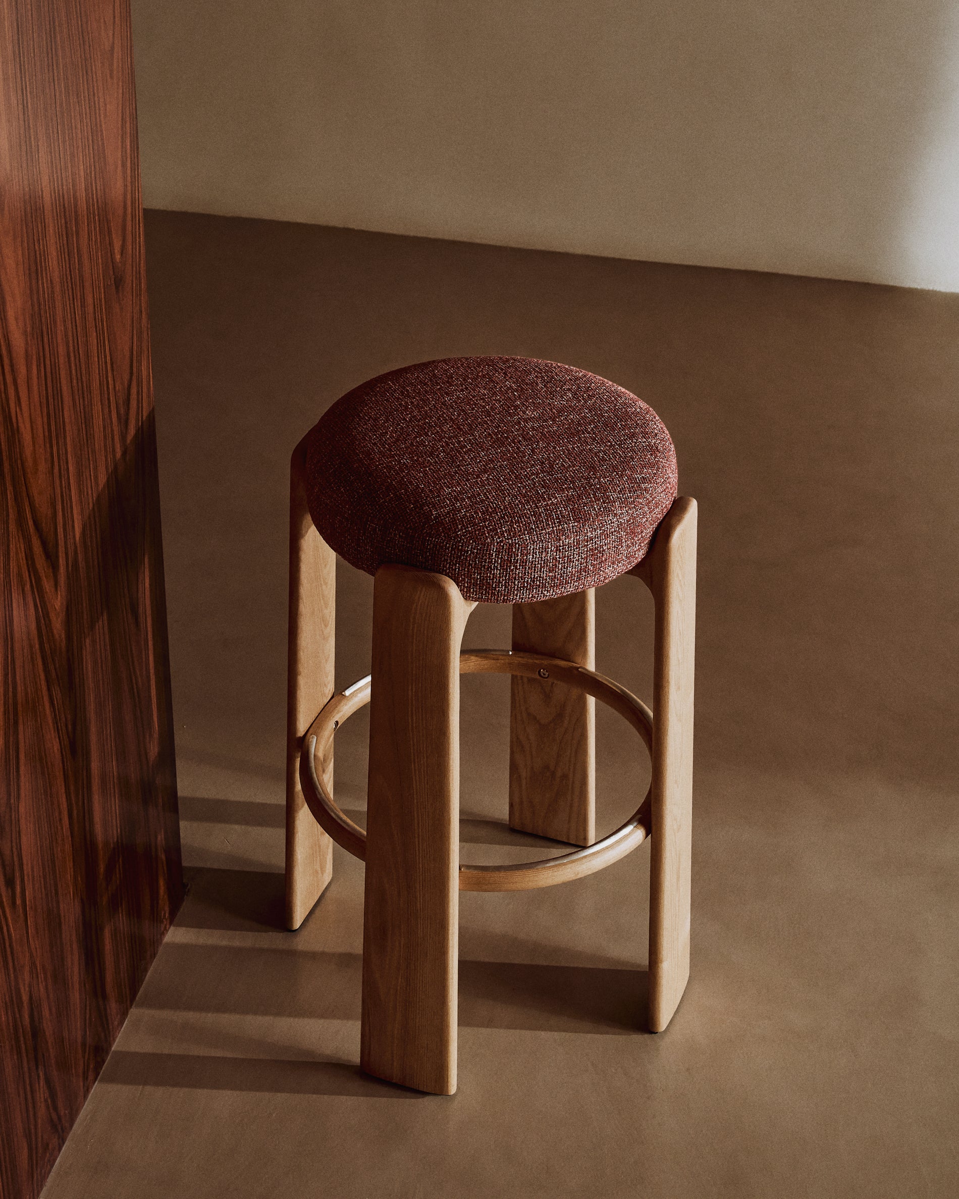 Granite stool in terracotta chenille and solid ash wood with a natural tone finish FSC 100% 75cm
