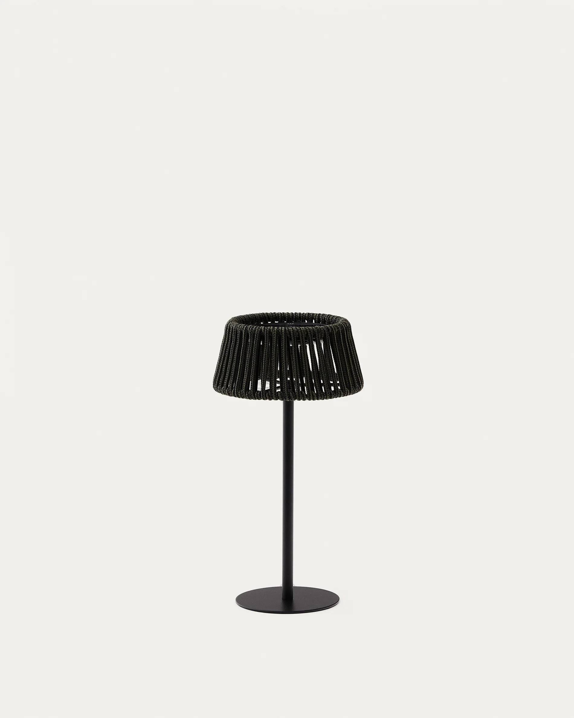 Aldet outdoor solar table lamp in black and green mottled rope cord with black metal stand