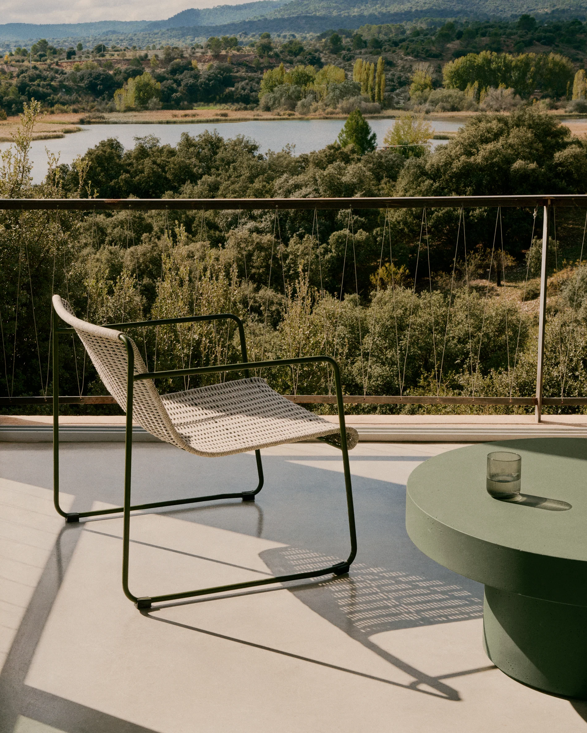 Maurina stackable armchair in green galvanised steel and ecru and grey rope cord