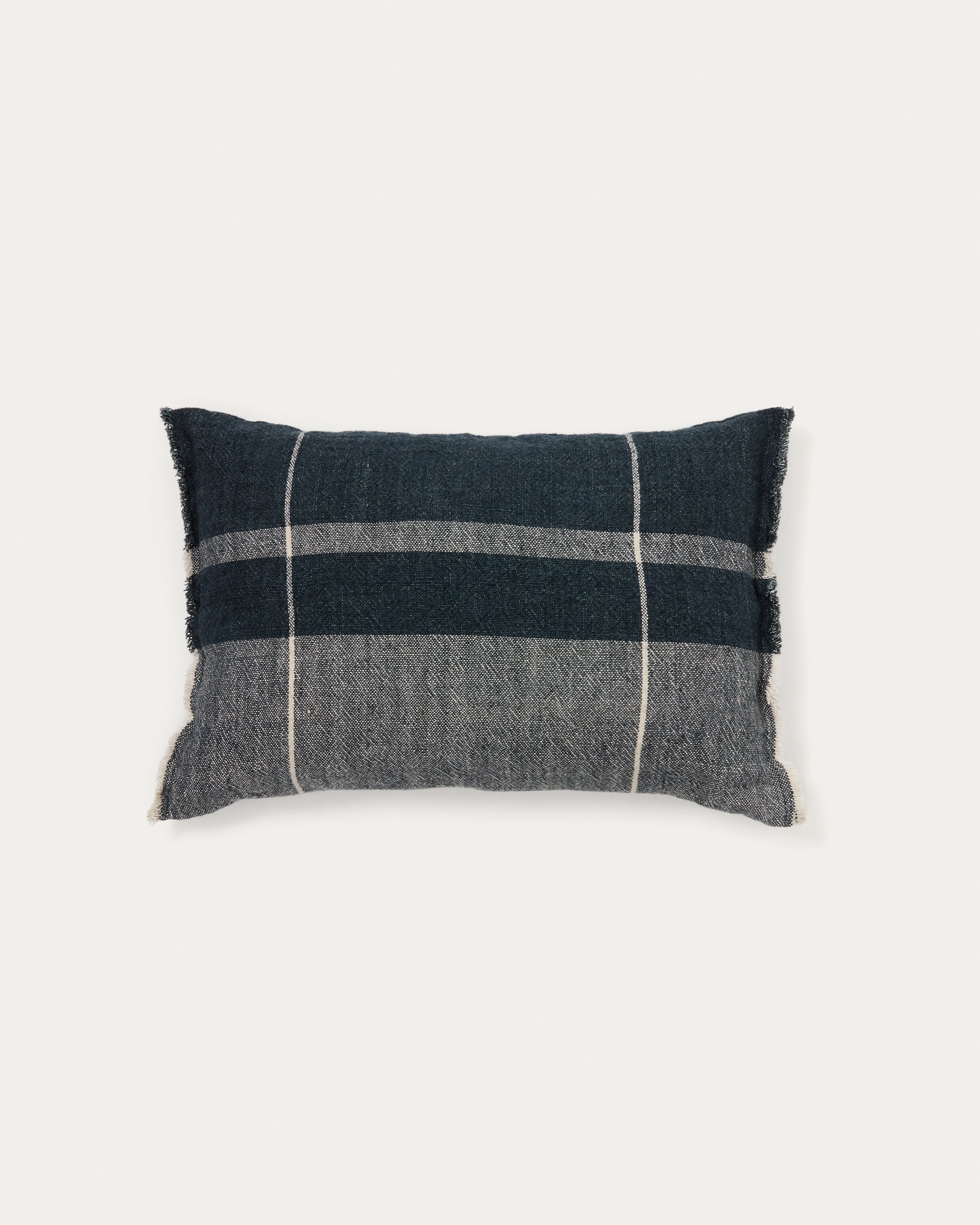 Eron blue checked linen cushion cover with fringing 40 x 60cm