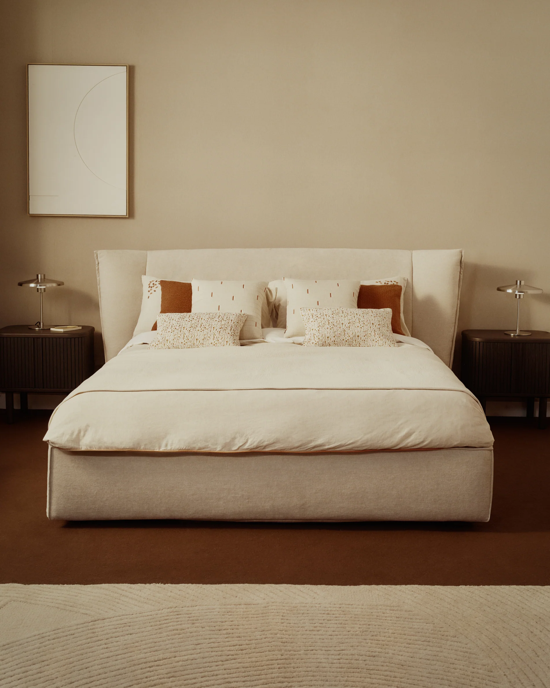 Arvian beige chenille removable-cover bed with ottoman base for a 160 x 200 cm mattress