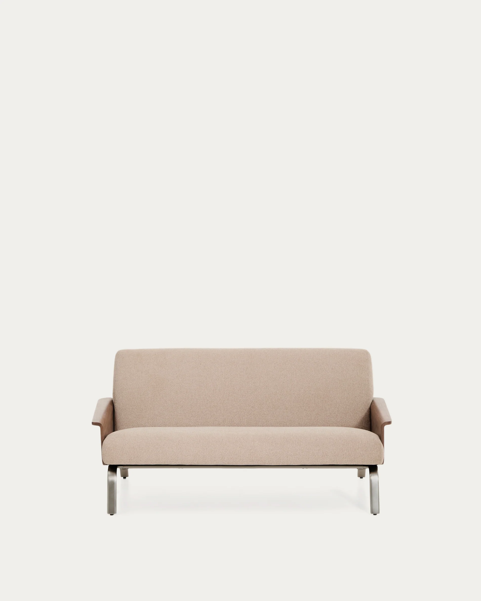 Amsen light brown 2-seater sofa in walnut plywood with brushed stainless steel legs 165cm