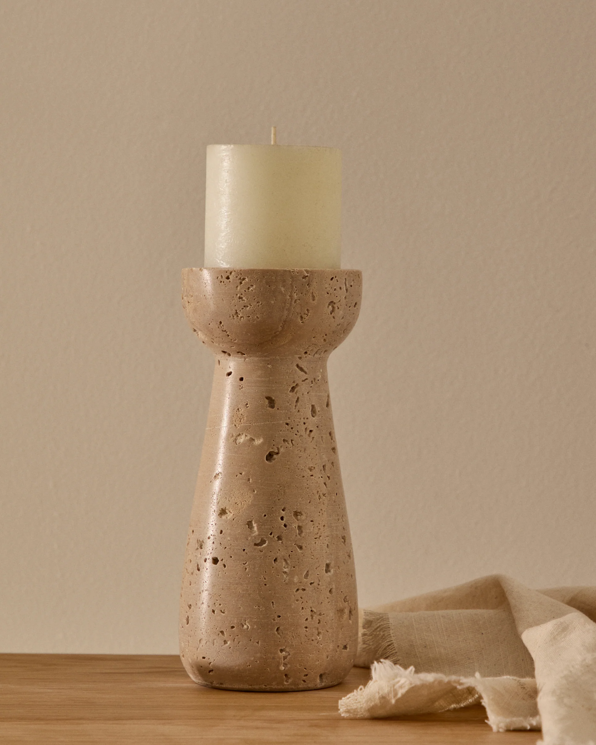 Magan small beige travertine candle holder