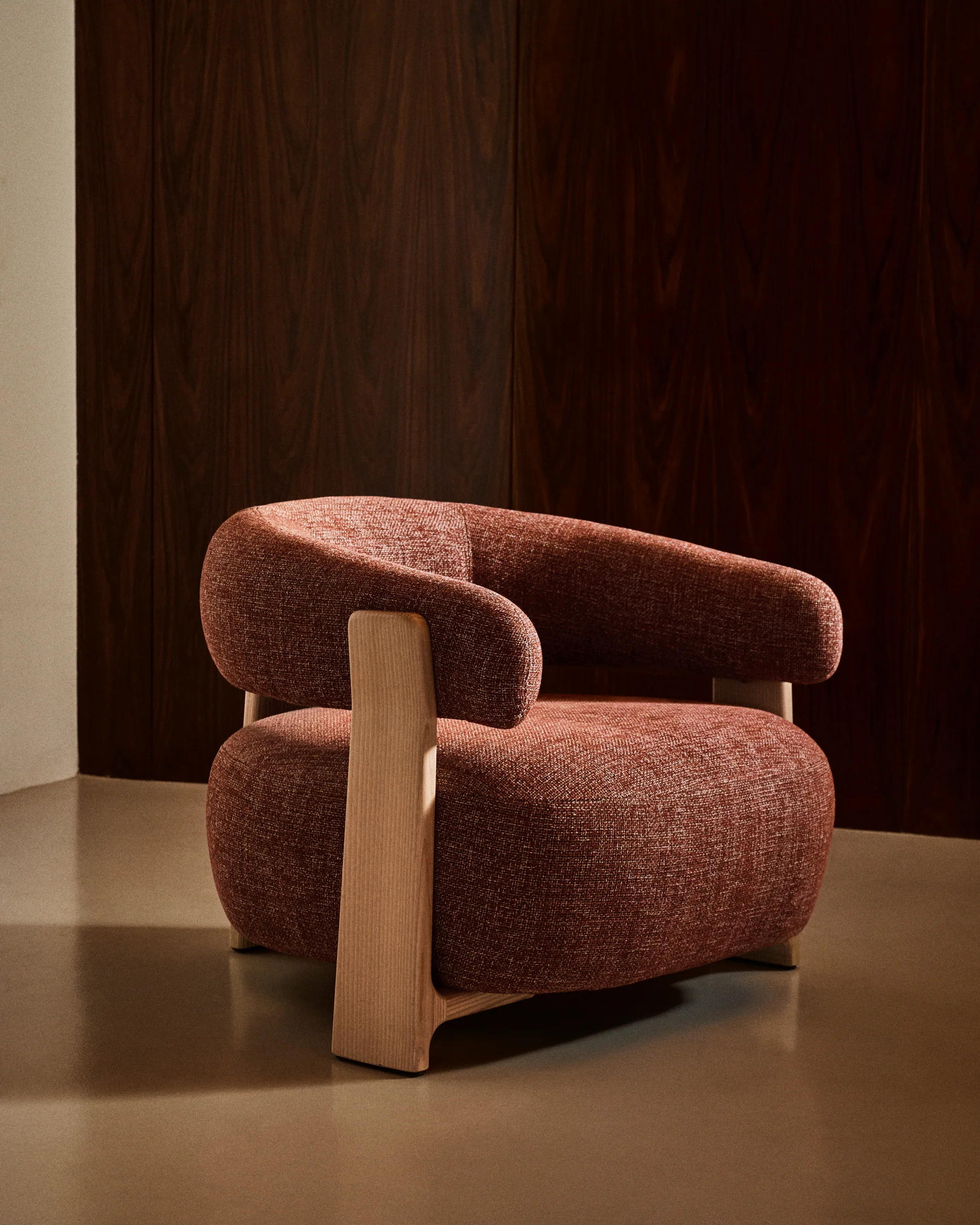 Granite terracotta chenille armchair with solid ash wood legs in a natural tone finish FSC 100%