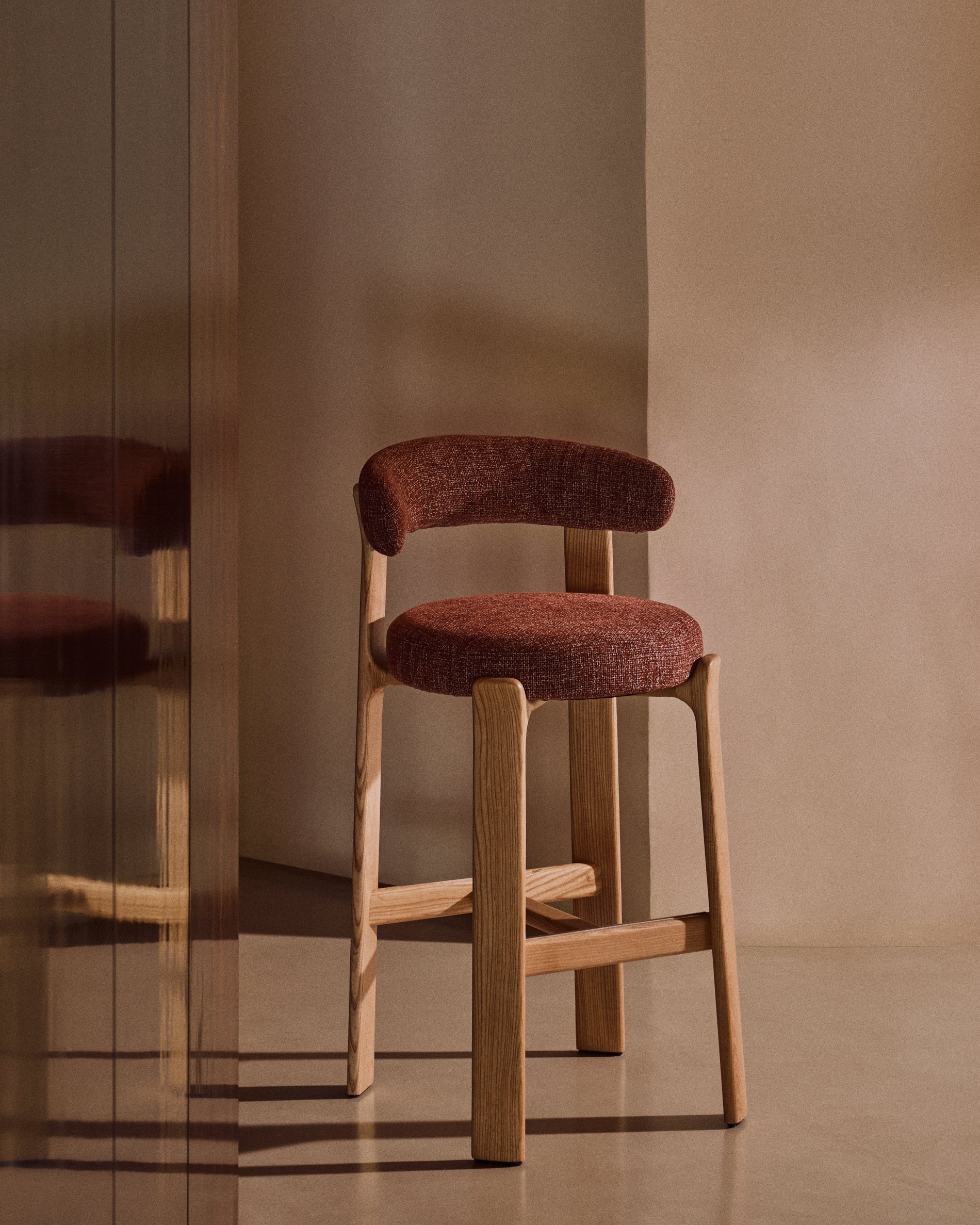 Granite stool in terracotta chenille and solid ash wood with natural tone finish FSC 100% 75cm