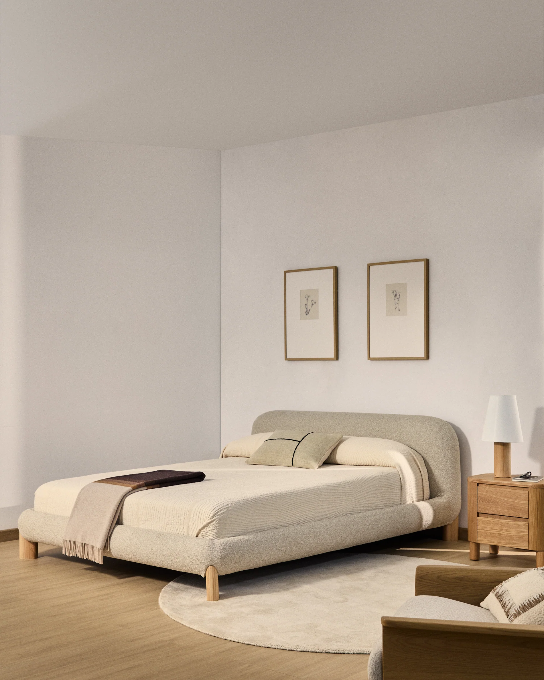 Odina ecru bouclé bed with removable cover and solid ash wood legs with natural finish for 180 x 200cm mattress