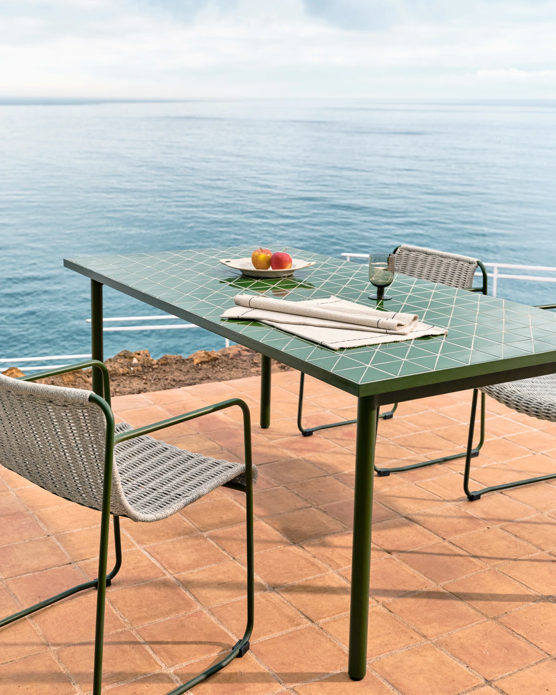 Maurina outdoor table in green galvanised steel with green tiles 223 x 101cm