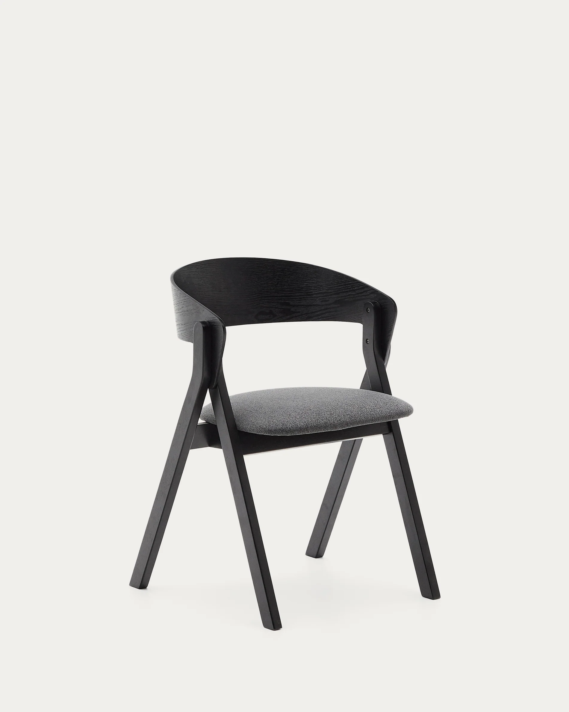 Godia chair in ash veneer with a black finish and grey chenille