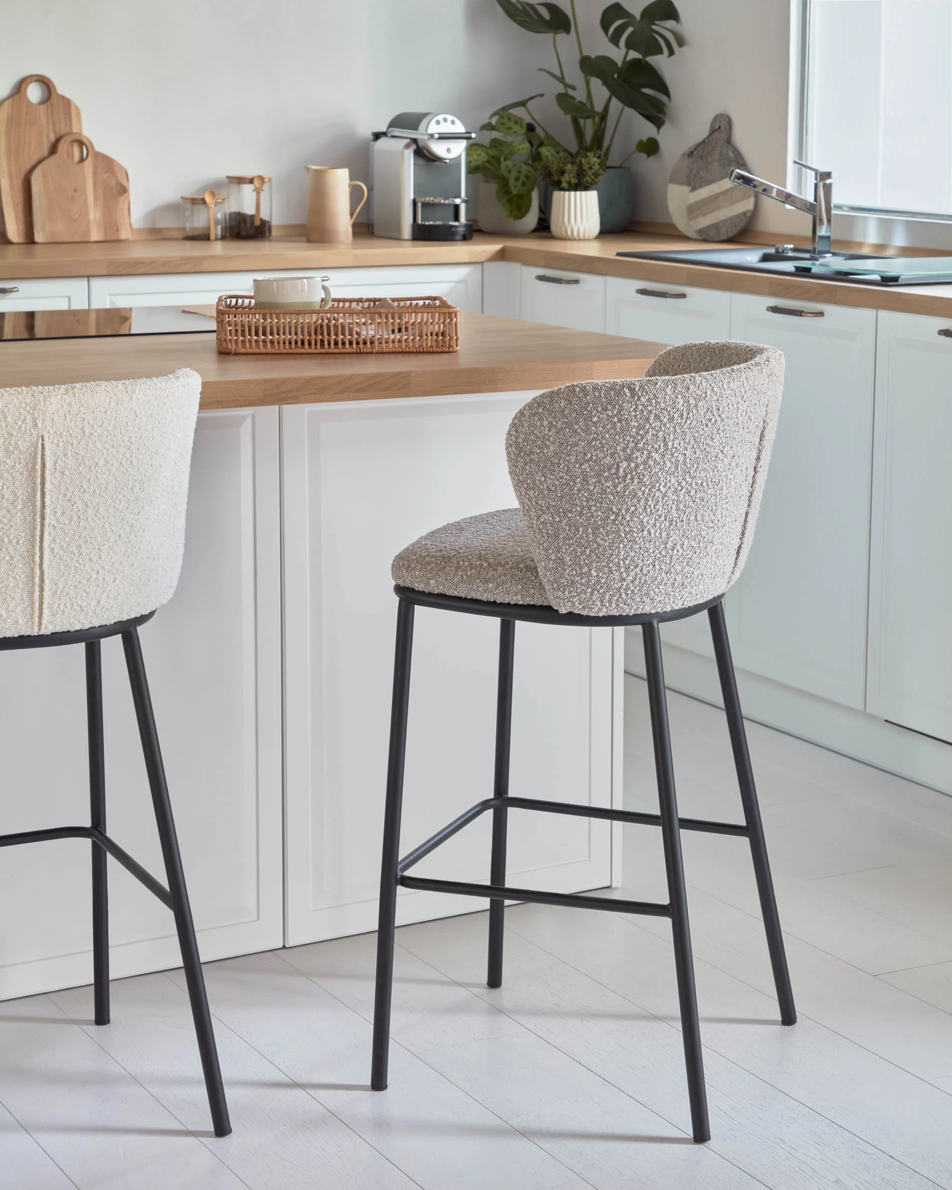 Ciselia stool with light grey bouclé and black steel legs height 65 cm FSC Mix Credit