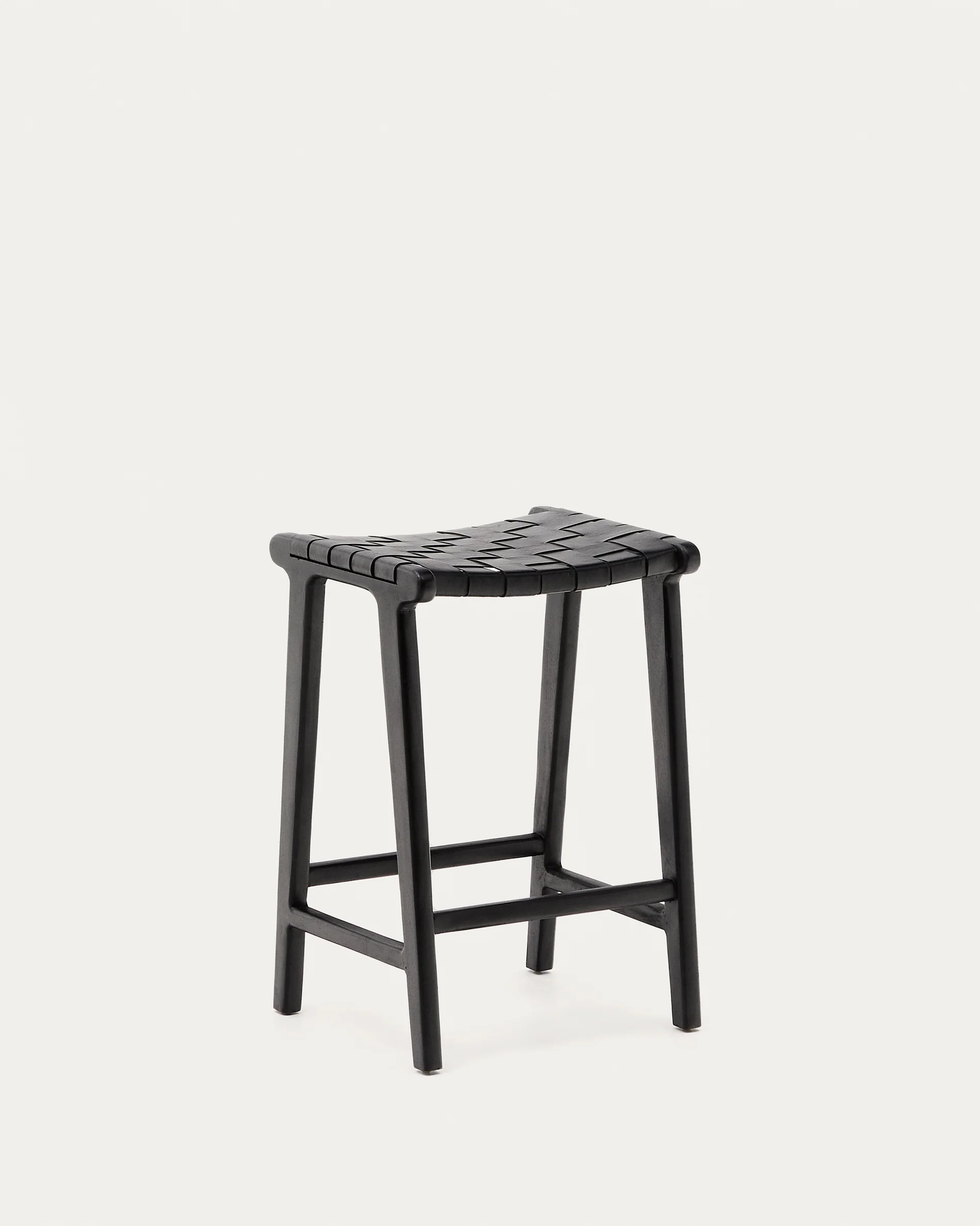 Calixta stool in leather and solid mahogany wood with black finish, 67 cm height