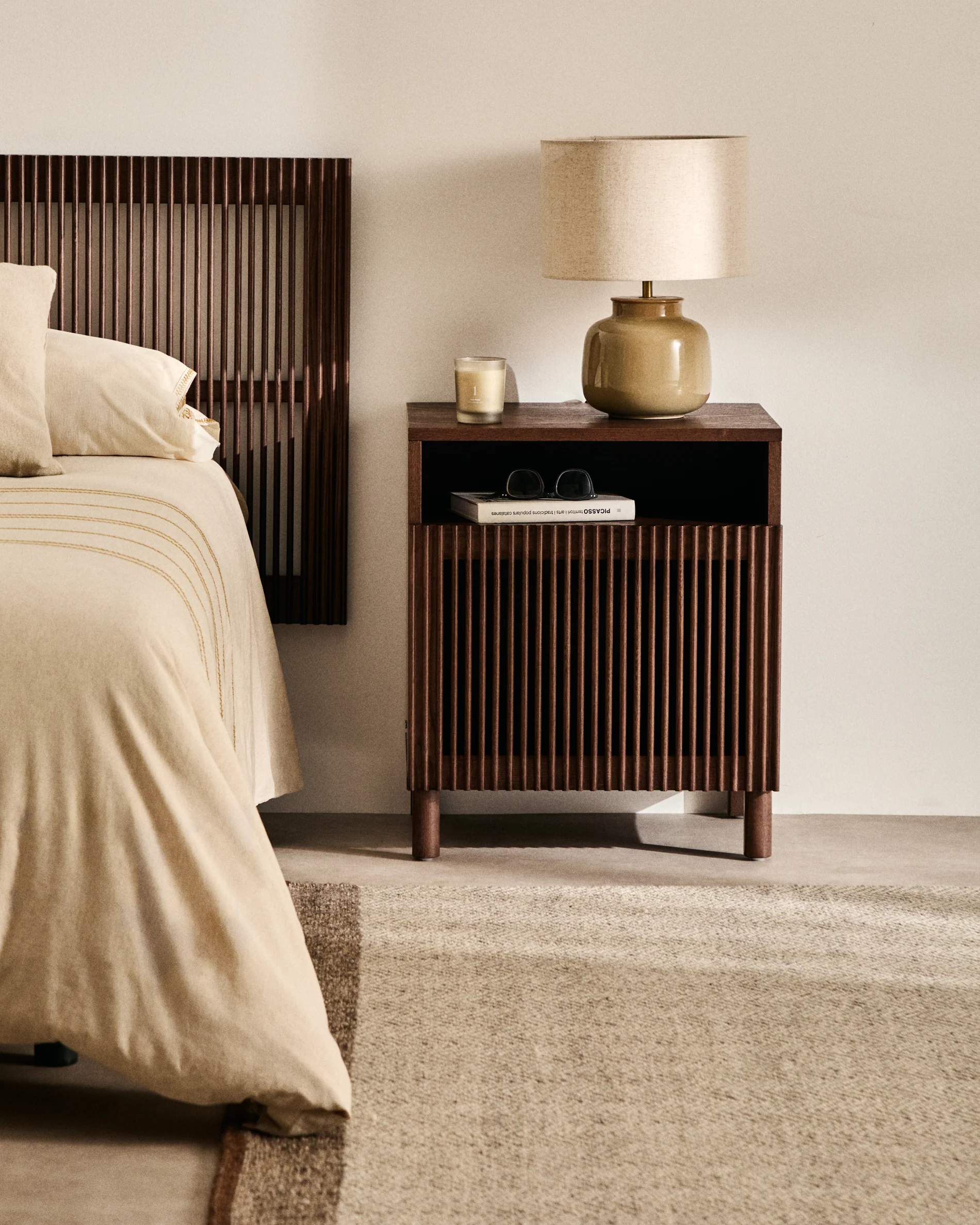 Beyla bedside table in ash veneer and solid ash wood with walnut finish 53 x 62.5cm FSC 100%