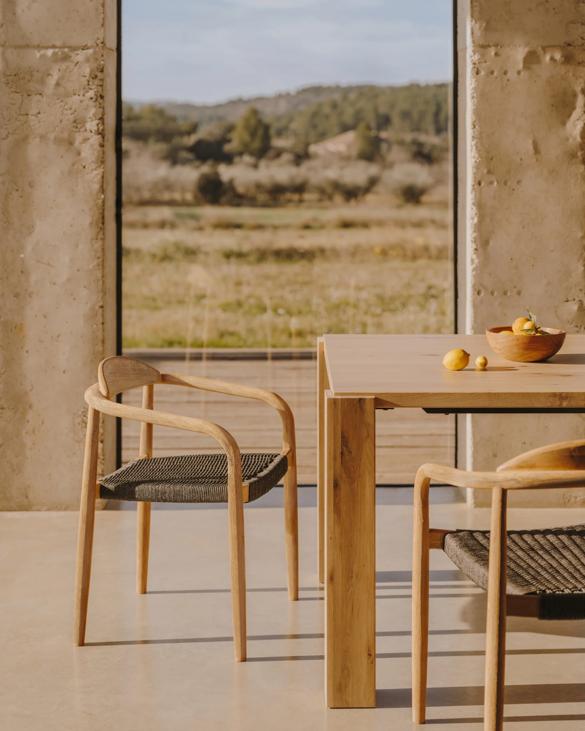 Nina stackable chair in solid acacia wood and black rope seat FSC 100%