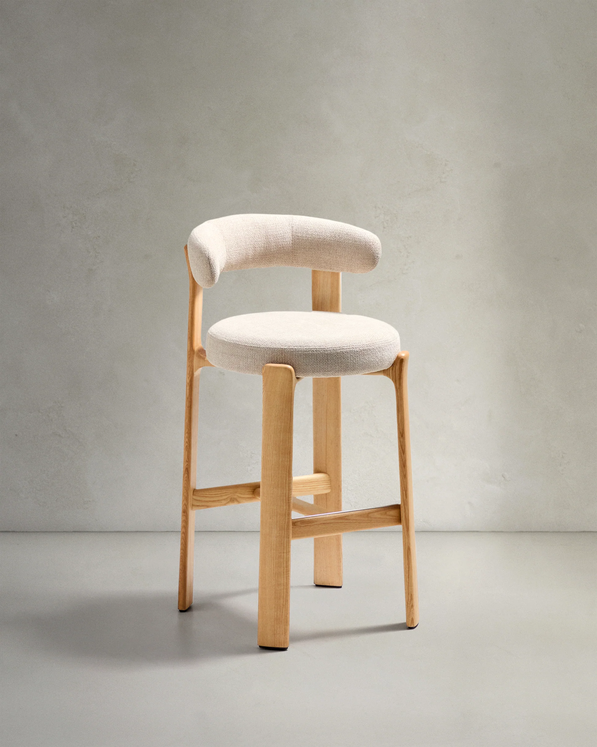 Granite stool made of beige chenille and solid ash wood with natural tone finish FSC 100% 75cm