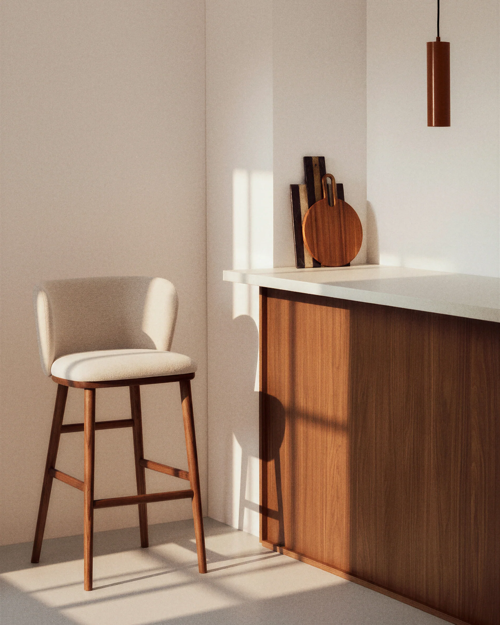 Ciselia beige chenille stool with solid ash wood legs with walnut-coloured finish FSC Mix Credit 75cm