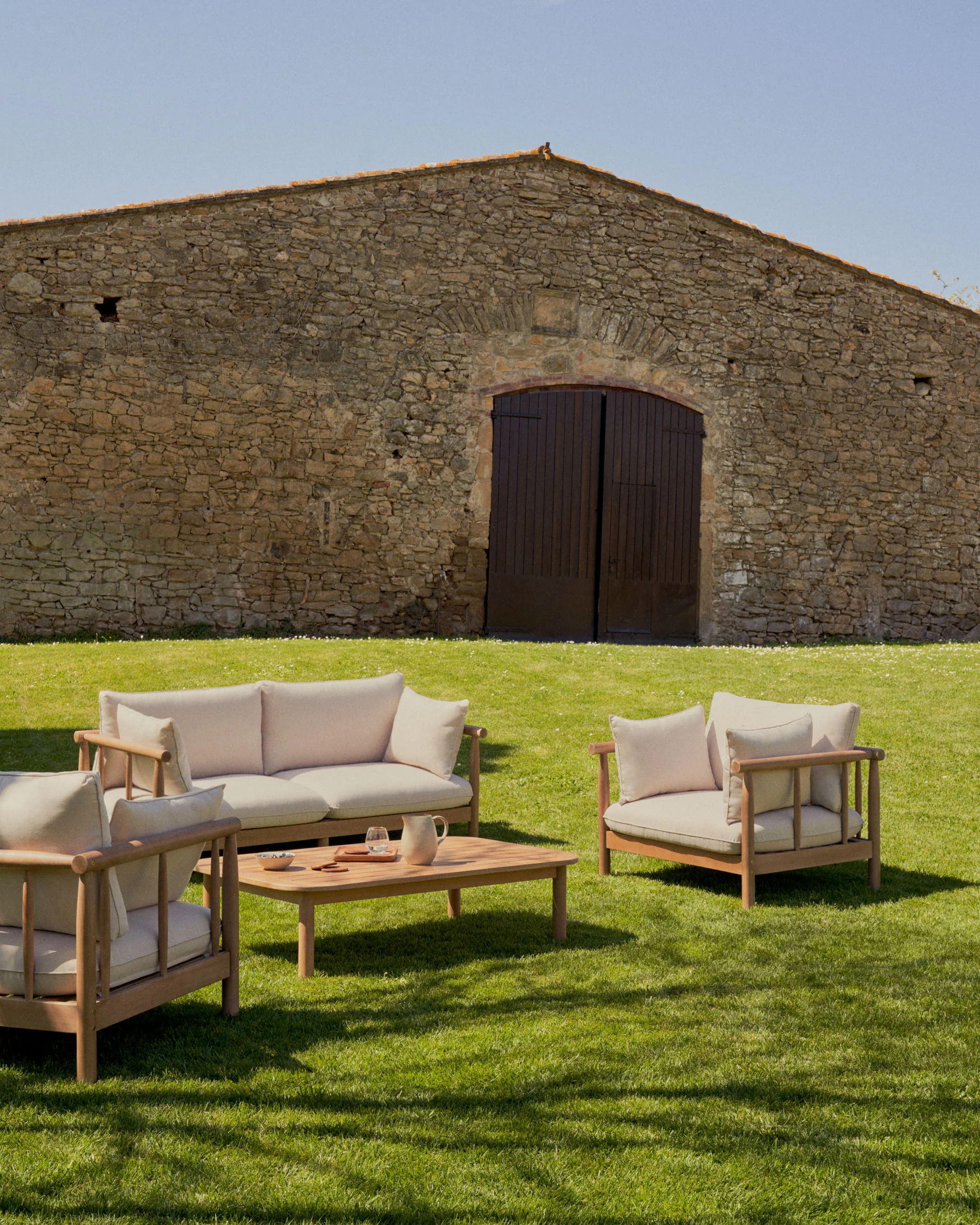 Sacova set of 2 armchairs, 2 seater sofa and coffee table in solid eucalyptus wood FSC